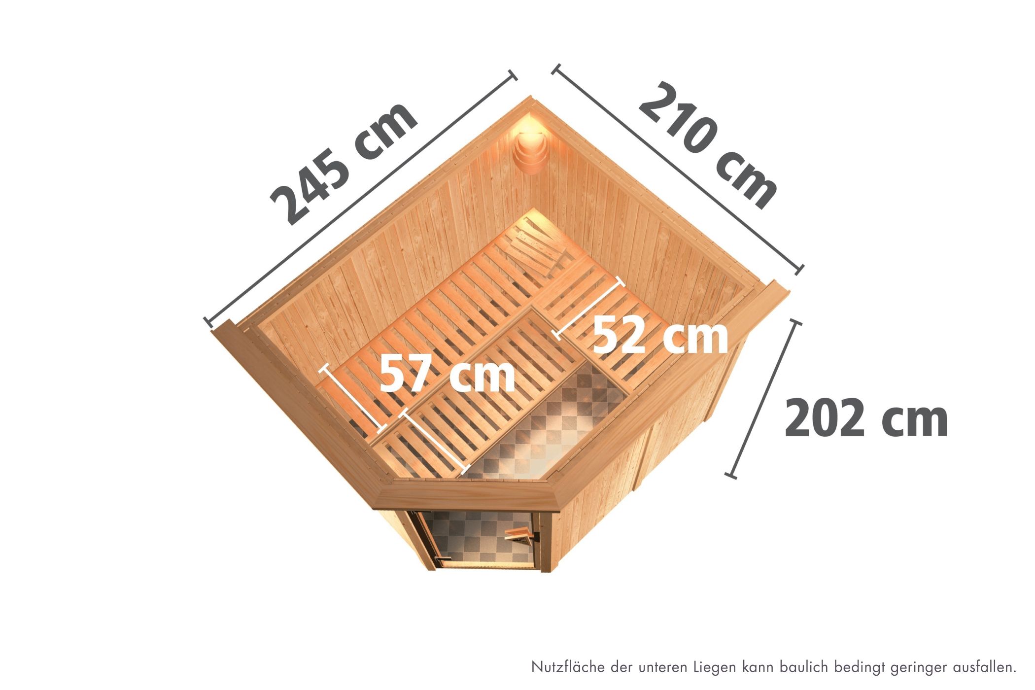 Maßzeichnung der Karibu Sauna Malin Dachkranzmodell mit Außenmaß 245 × 210 cm und Höhe 202 cm