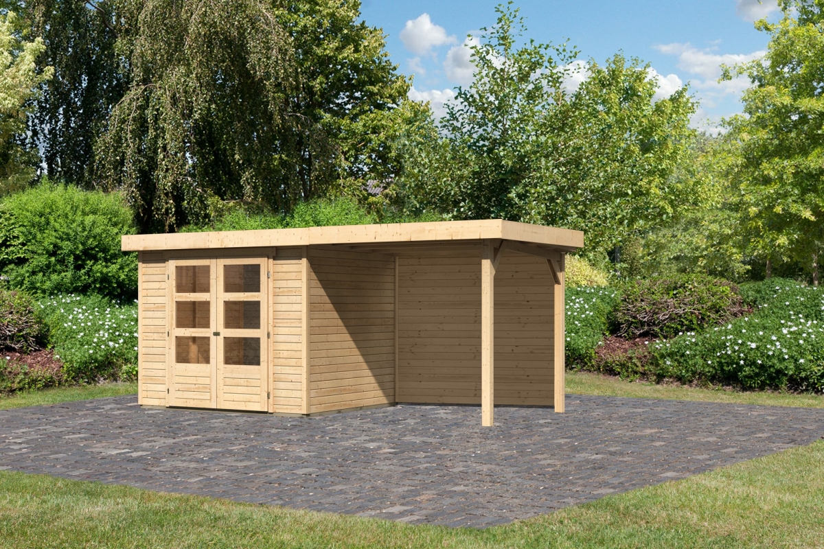 Karibu Gerätehaus Askola 3 in Naturbelassen und Anbaudach, Außenansicht