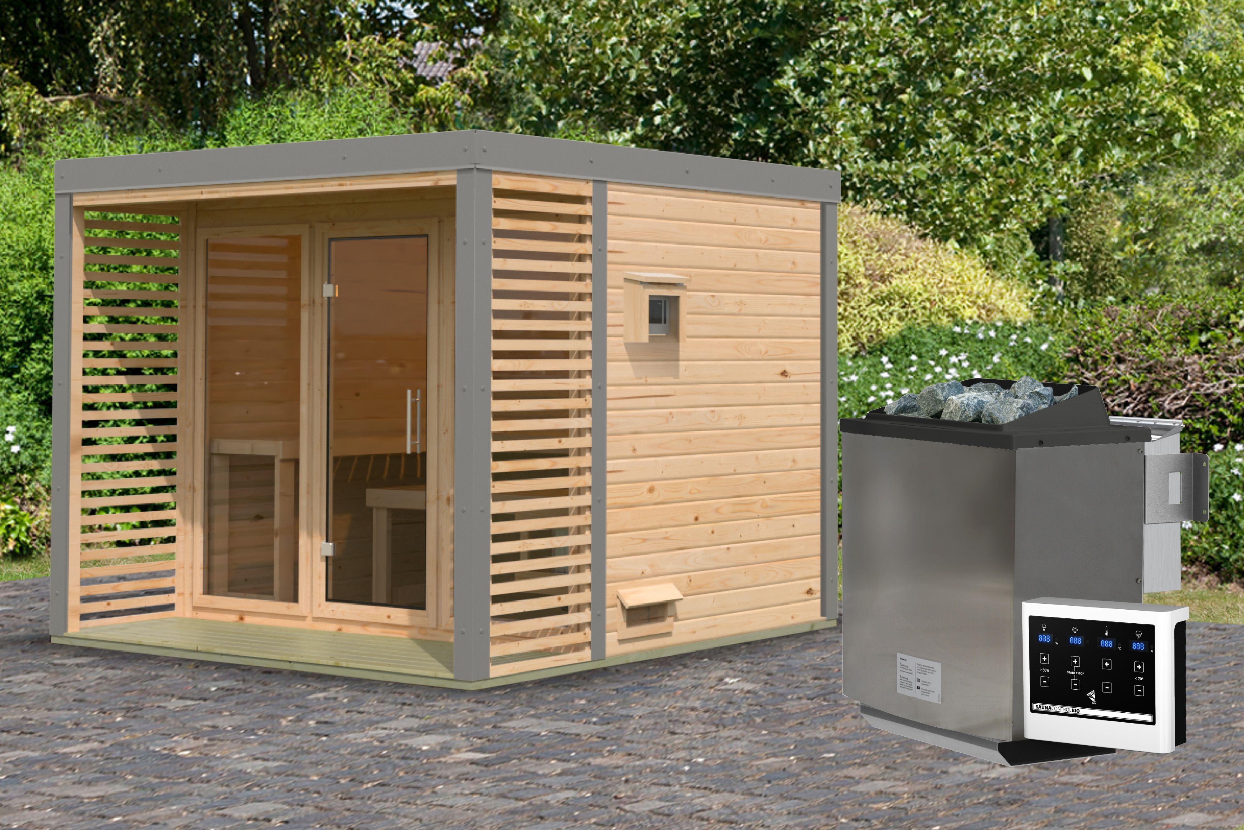Karibu Saunahaus Ares 3 als Gartensauna aus Massivholz im Garten mit Glasfront