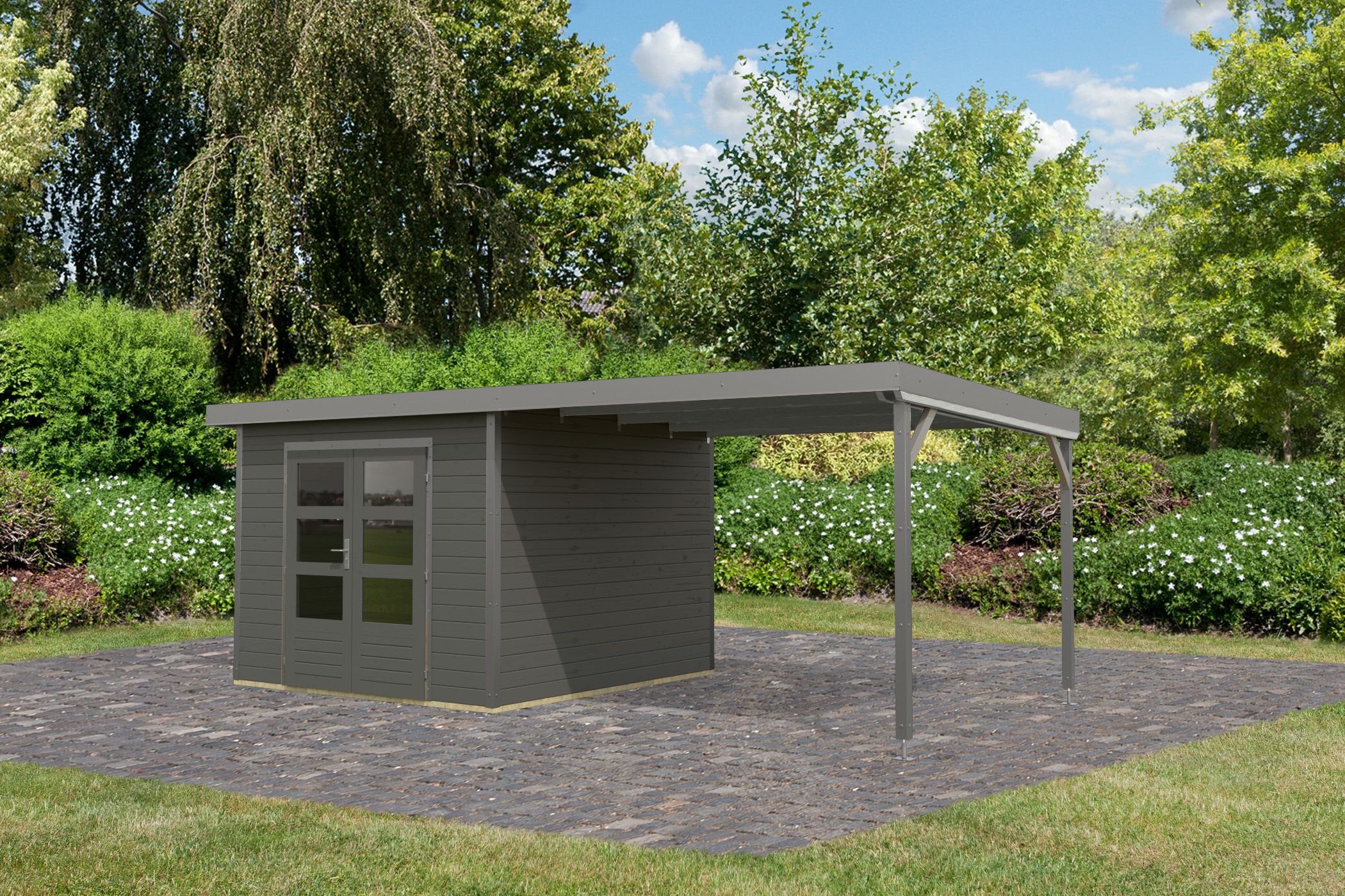 Gartenhaus Holz & Metall Pluto 6 terragrau mit Anbaudach / Lagerabverkauf