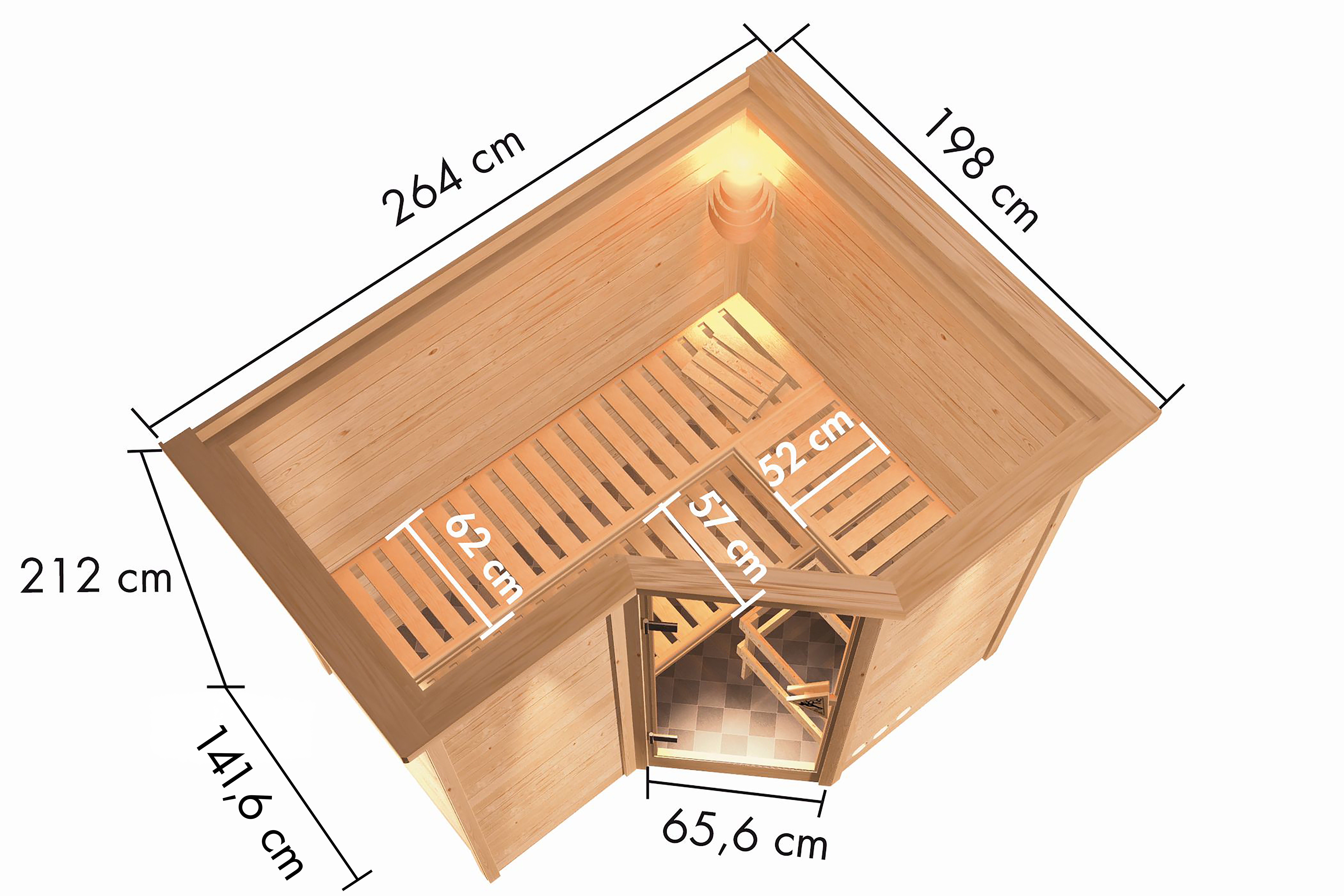 Maßzeichnung der Karibu Sauna Sahib 2 Dachkranzmodell mit Außenmaß 264 × 198 cm und Höhe 214 cm