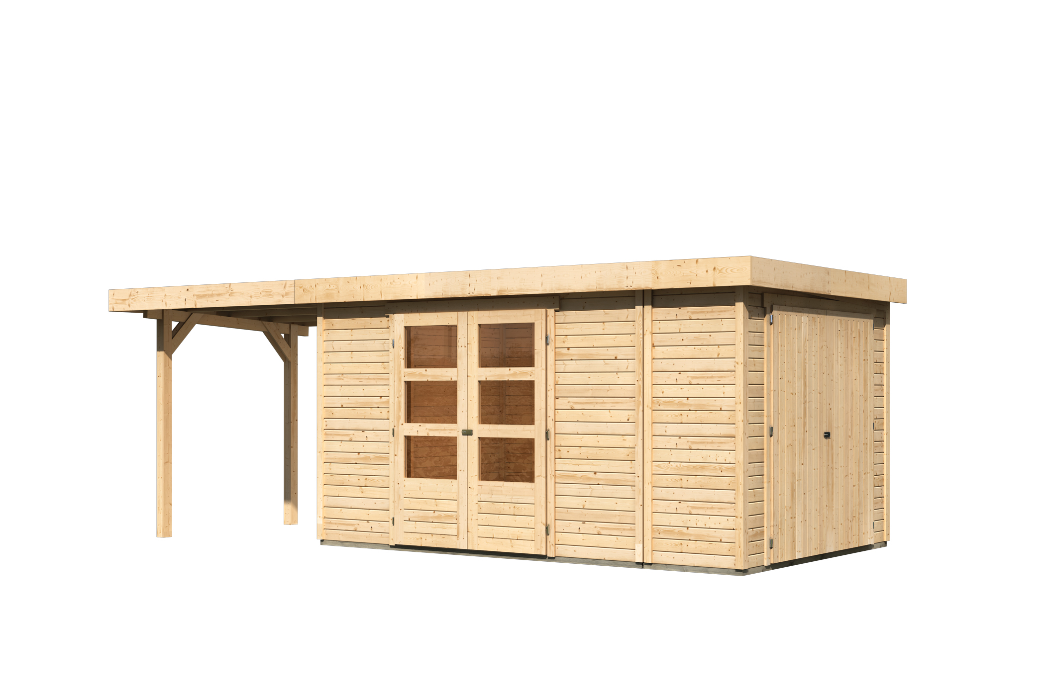 Karibu großes Gerätehaus Retola 6 in Naturbelassen und Anbaudach, Freisteller