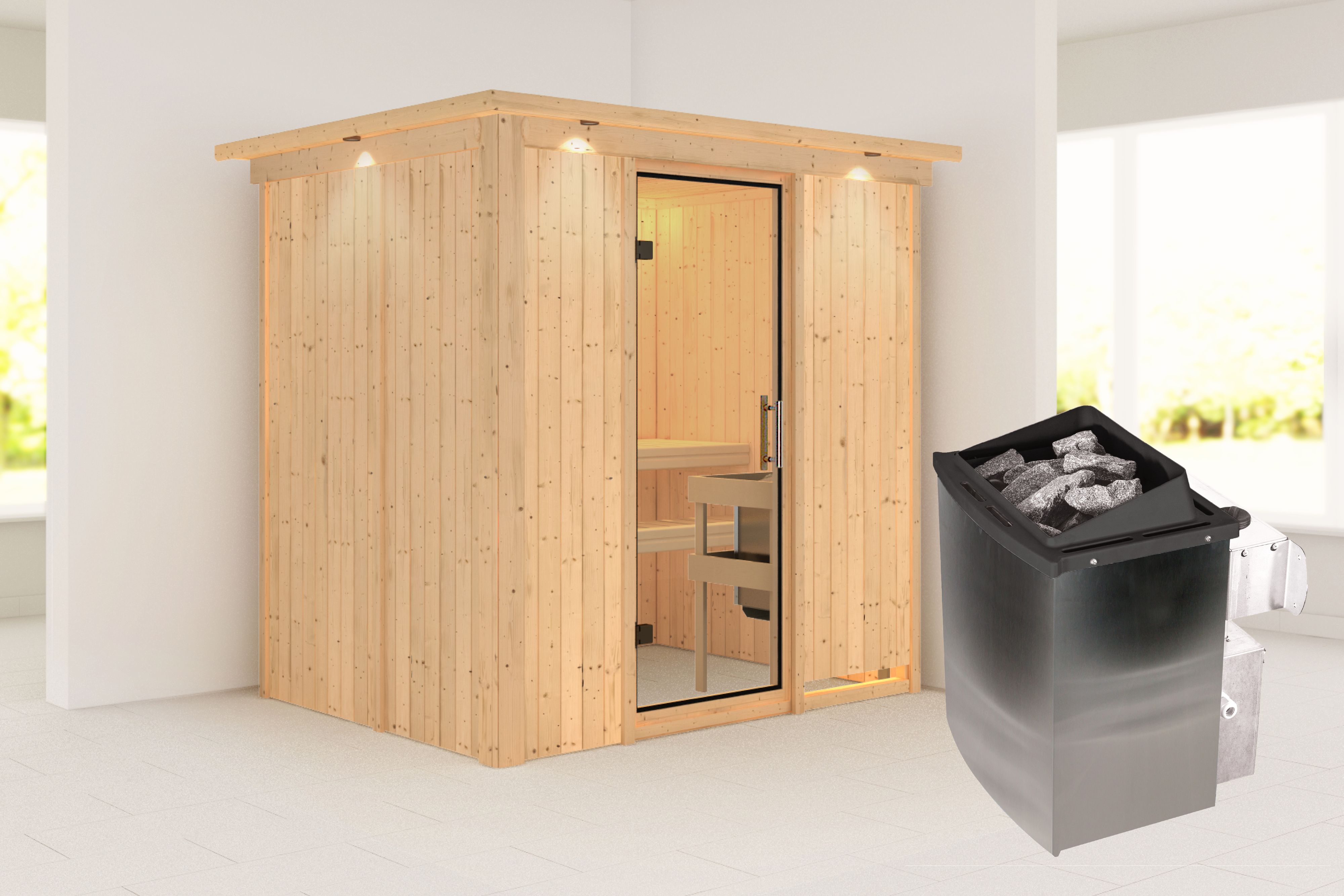 Außenansicht der Karibu Sauna Bodin aus nordischer Fichte mit Klarglas-Ganzglastür und Fronteinstieg