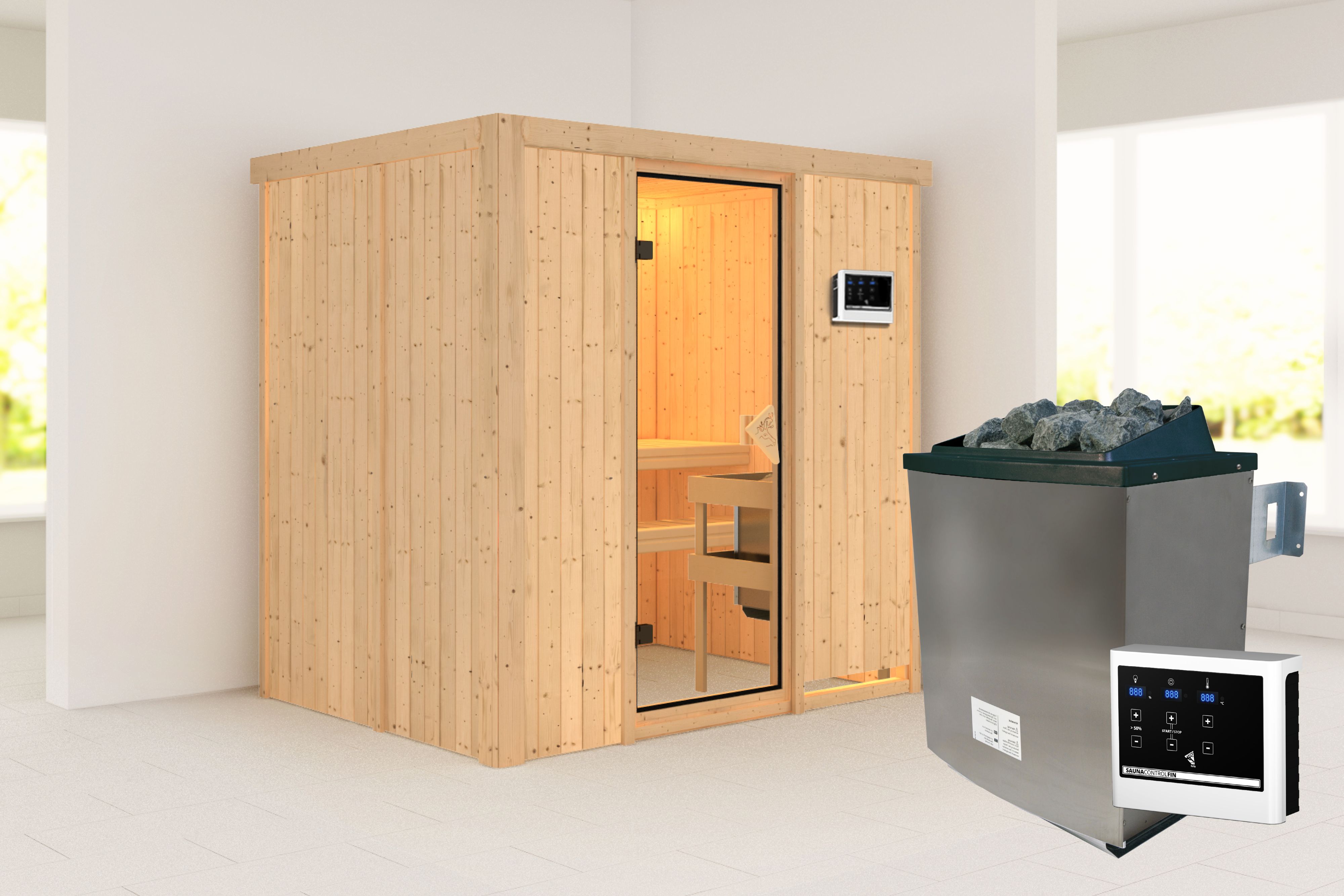 Außenansicht der Karibu Sauna Bodin aus nordischer Fichte mit bronzierter Ganzglastür und Fronteinstieg