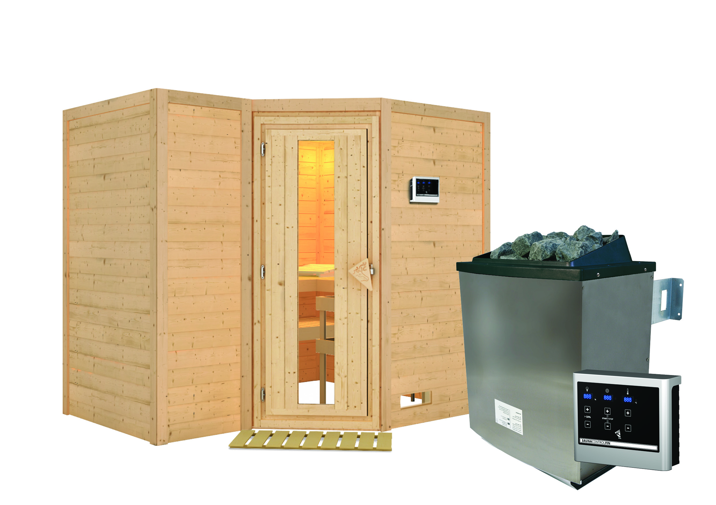 Innenansicht der Karibu Sauna Nome mit Liegen und Kopfstütze aus hellem Espenholz