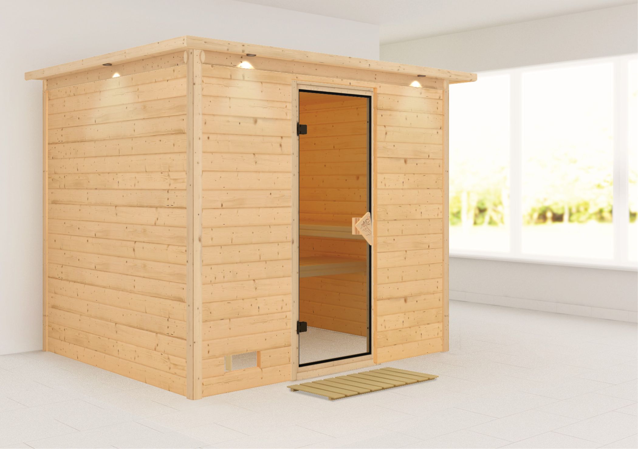 Außenansicht der Karibu Sauna Sonara aus nordischer Fichte mit bronzierter Ganzglastür und Fronteinstieg