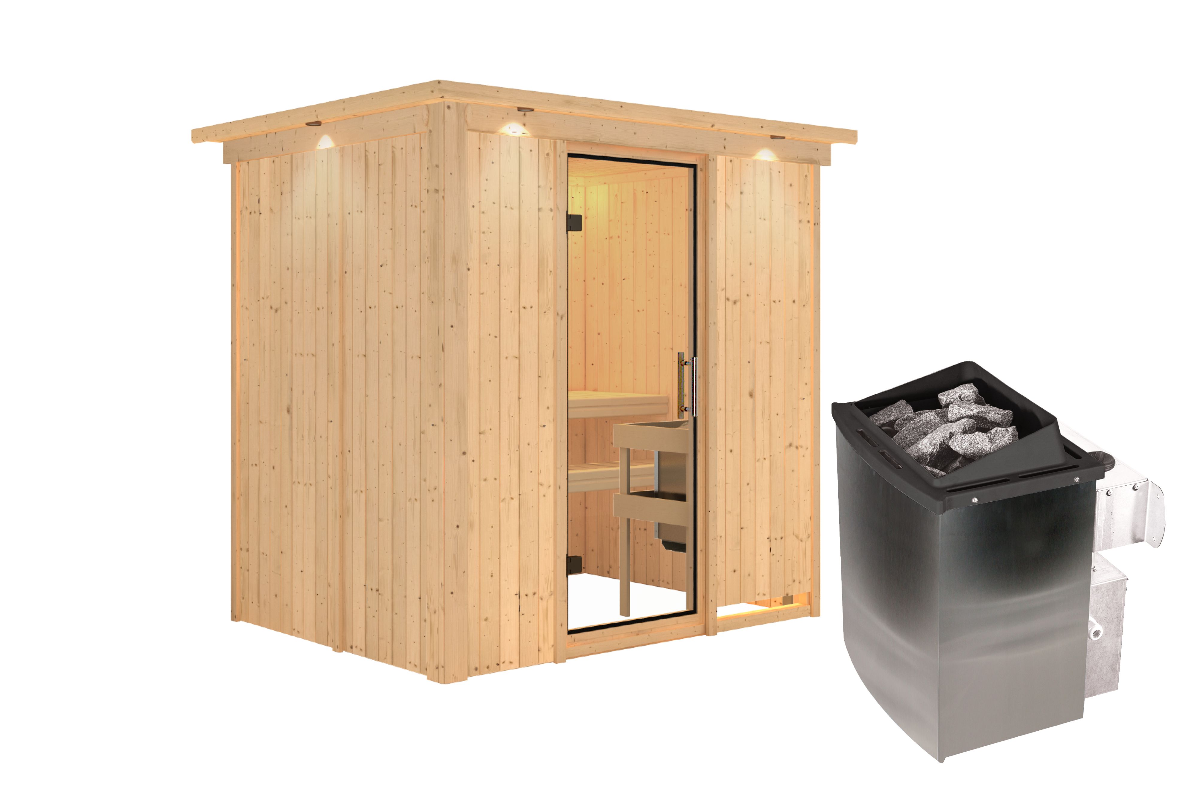 Innenansicht der Karibu Sauna Bodin mit Liegen und Kopfstütze aus hellem Espenholz