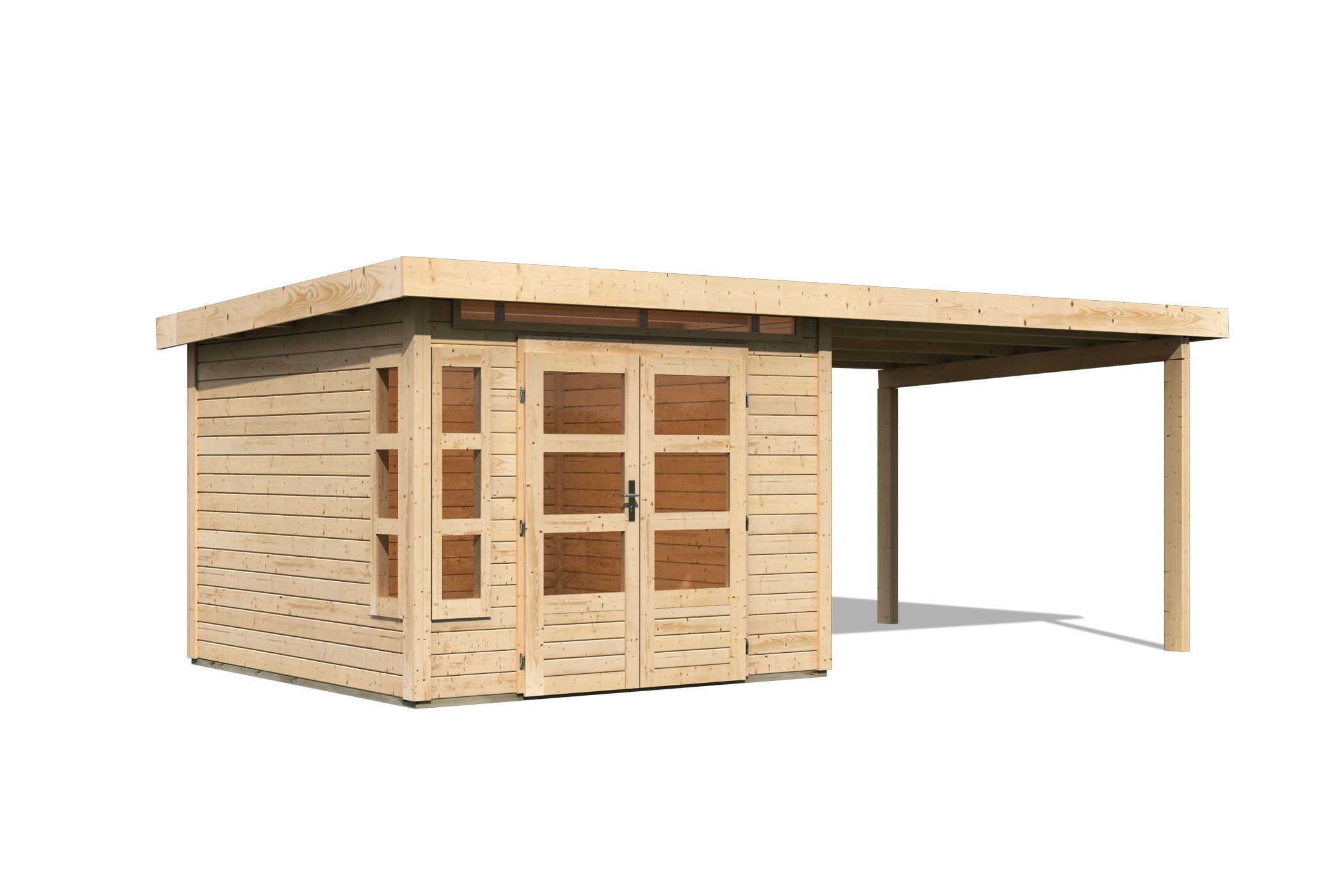 Karibu Gartenhaus Kastorf 6 in Naturbelassen und Anbaudach, Freisteller