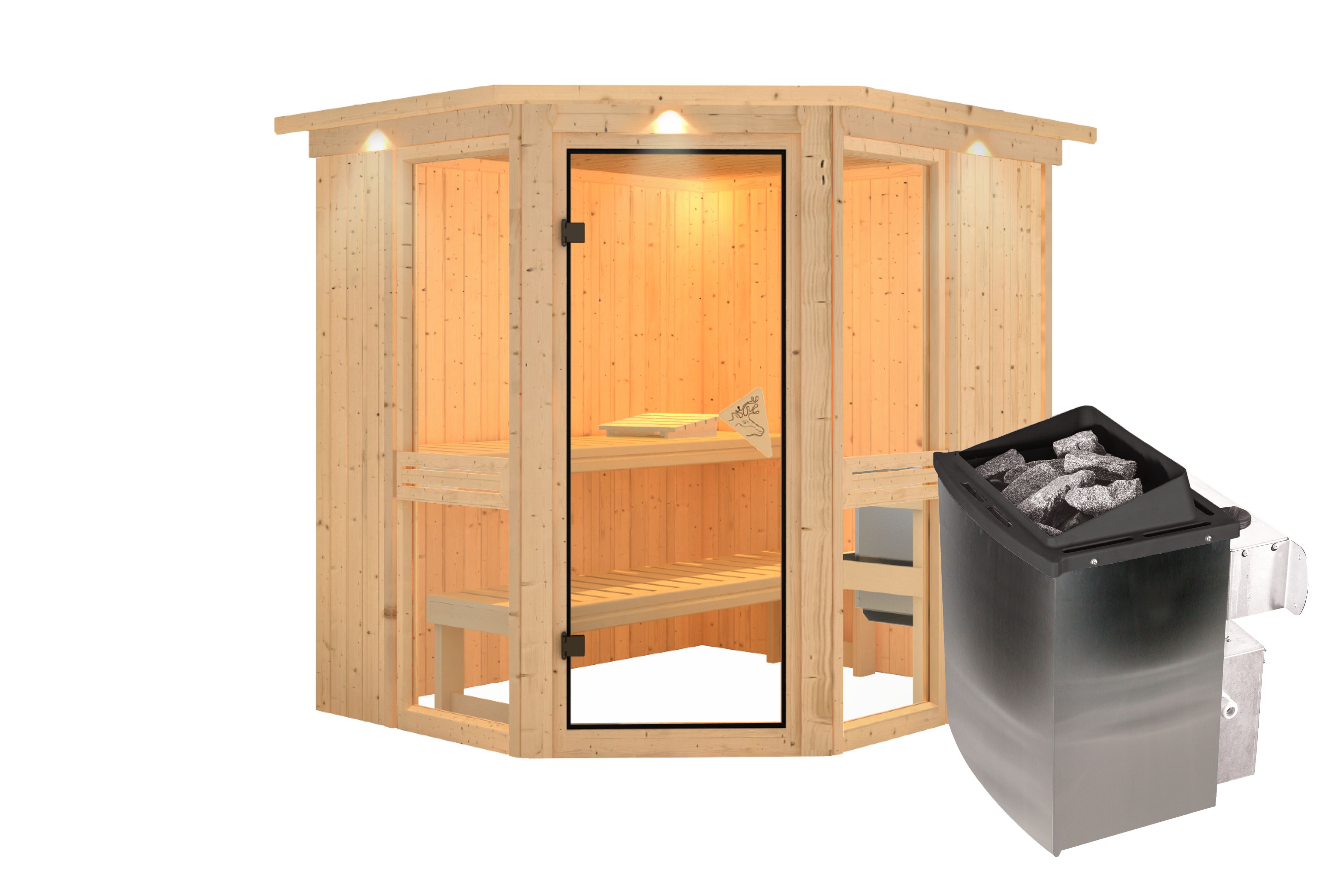 Innenansicht der Karibu Sauna Amelia 1 mit Liegen und Kopfstütze aus hellem Espenholz