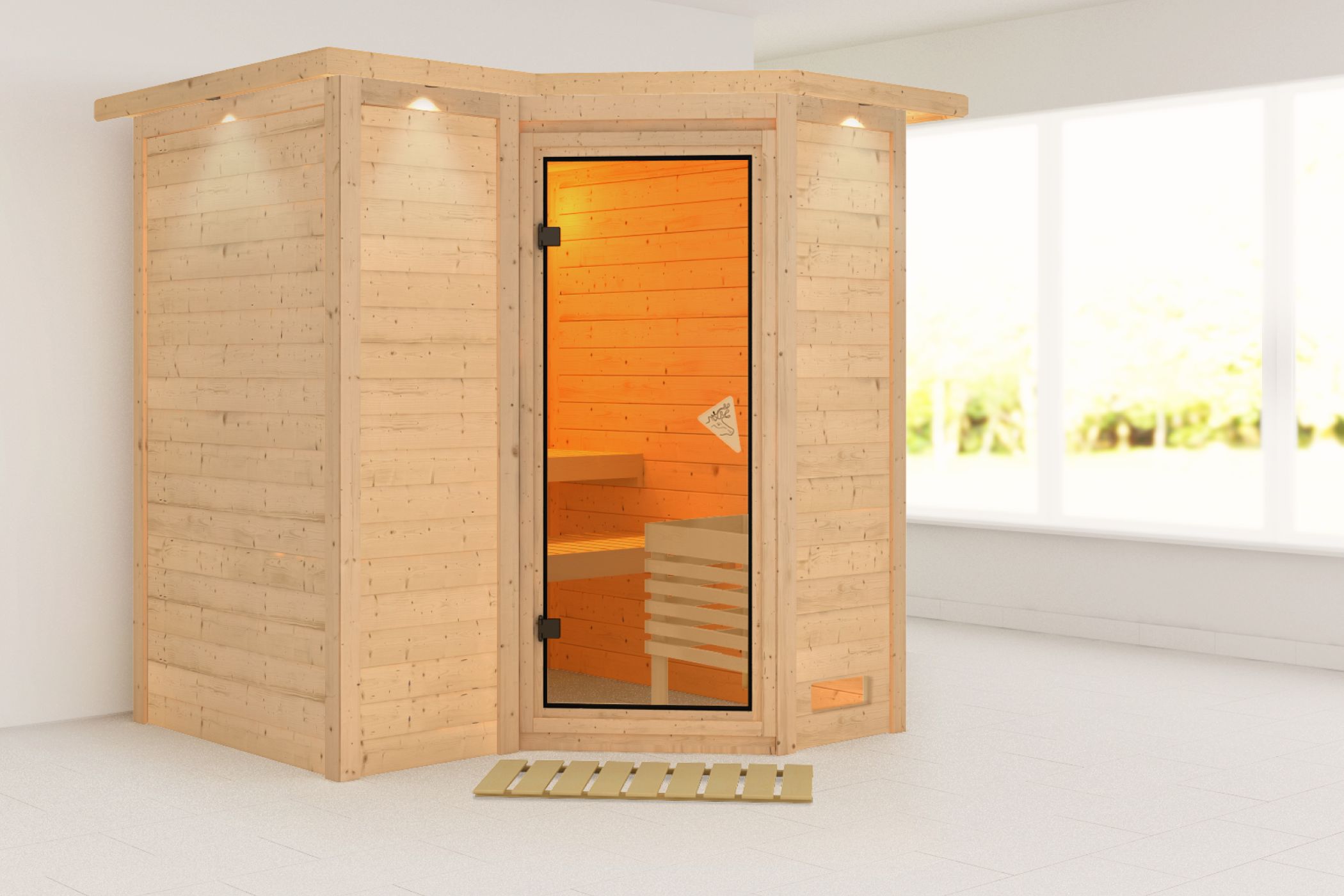 Außenansicht der Karibu Sauna Sahib 1 aus nordischer Fichte mit bronzierter Ganzglastür und Fronteinstieg