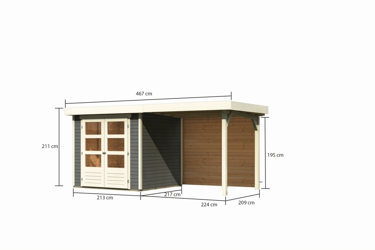Bemaßte Maßzeichnung des Karibu Gerätehaus Askola 2 mit Anbaudach, 467 × 238 cm