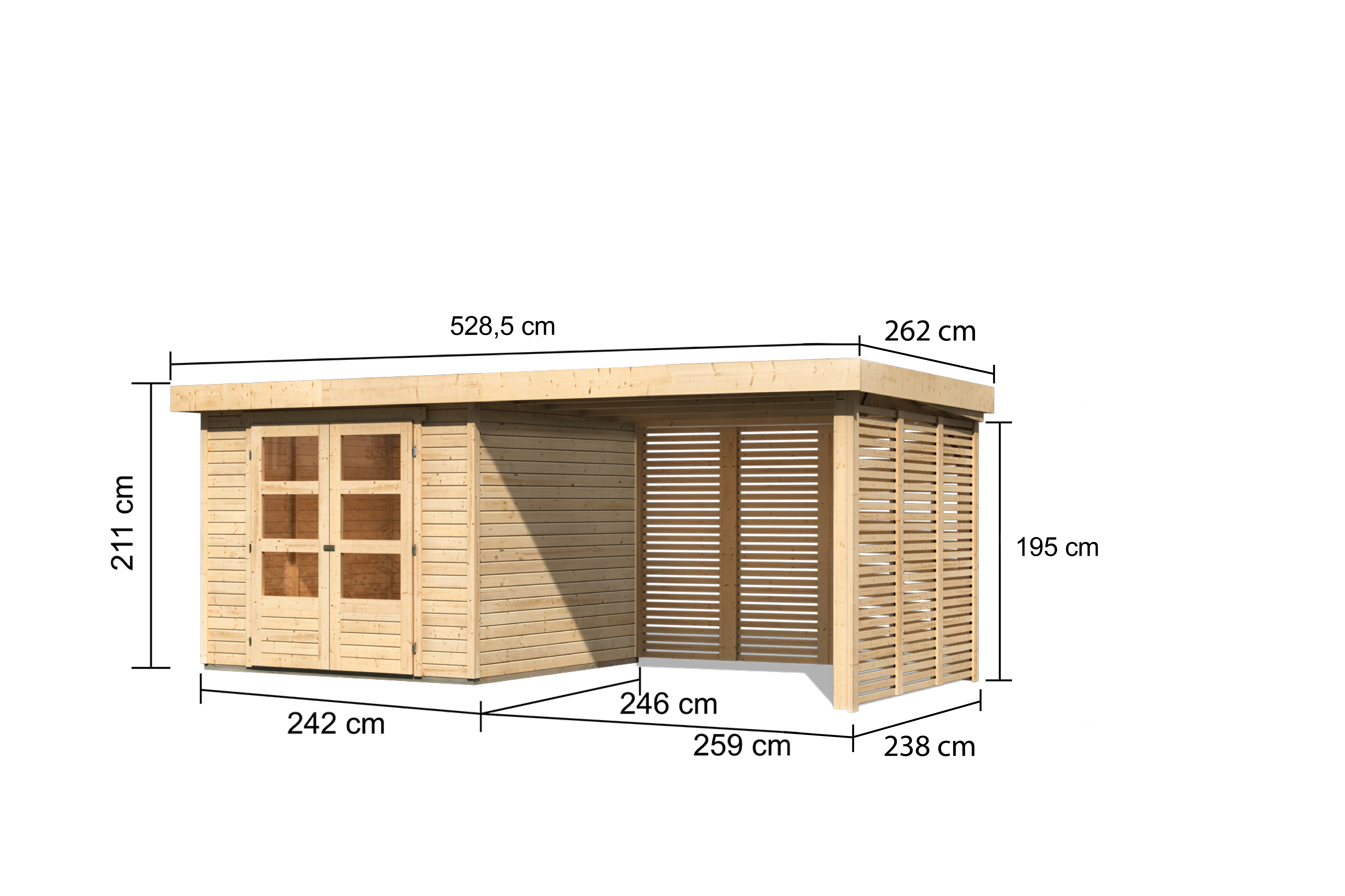 Bemaßte Maßzeichnung des Karibu Gerätehaus Askola 3,5 mit Anbaudach, 528 × 262 cm