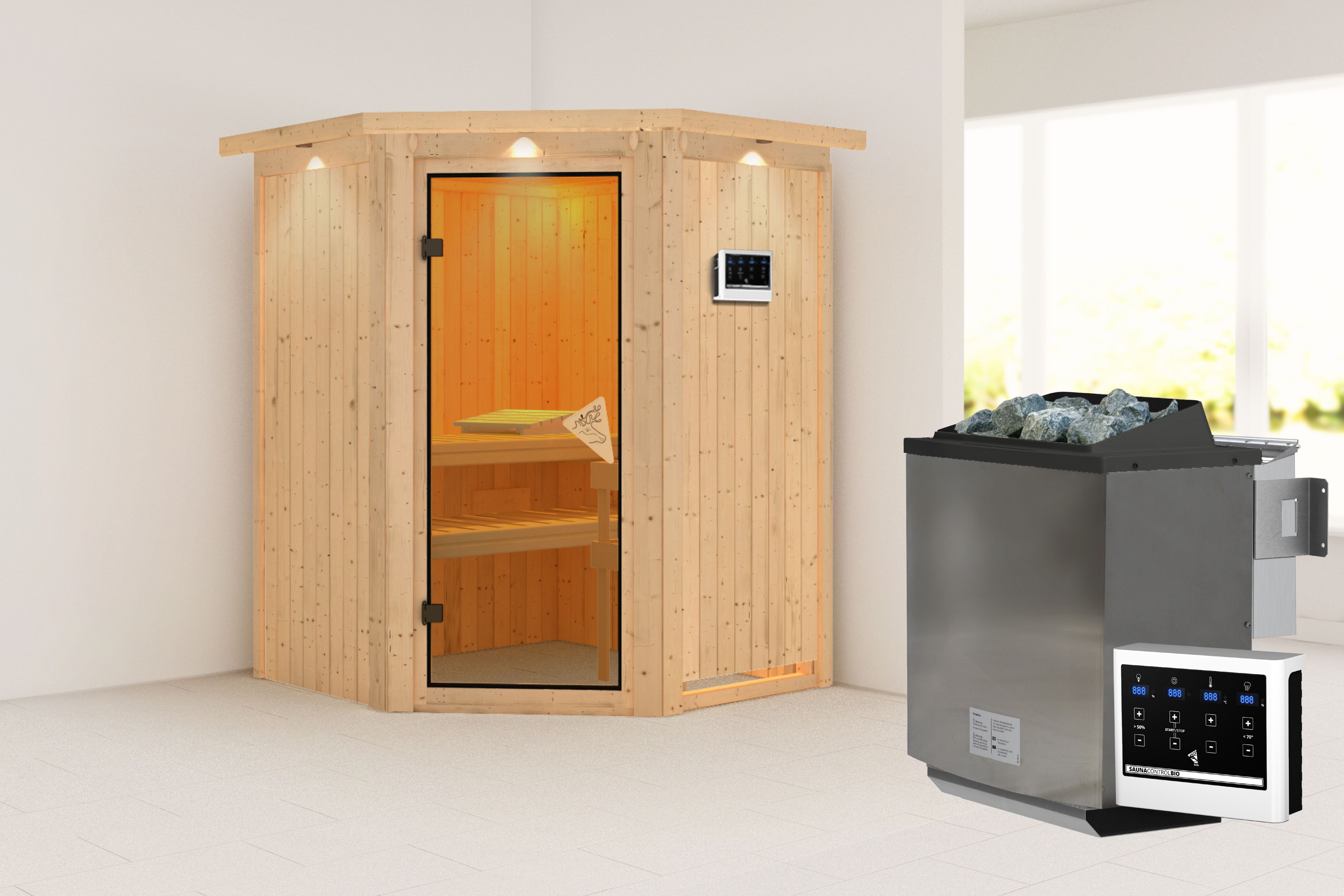 Außenansicht der Karibu Sauna Larin aus nordischer Fichte mit bronzierter Ganzglastür und Fronteinstieg