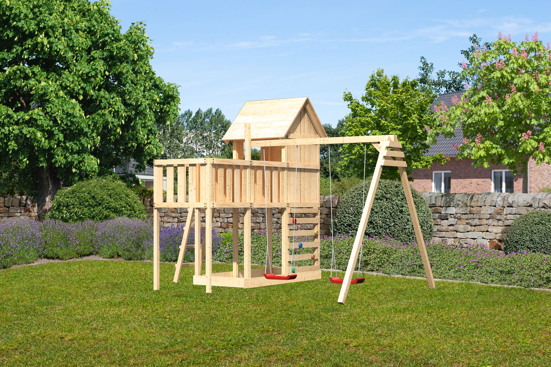Karibu Stelzenhaus Frieda aus Holz, im Garten aufgebaut