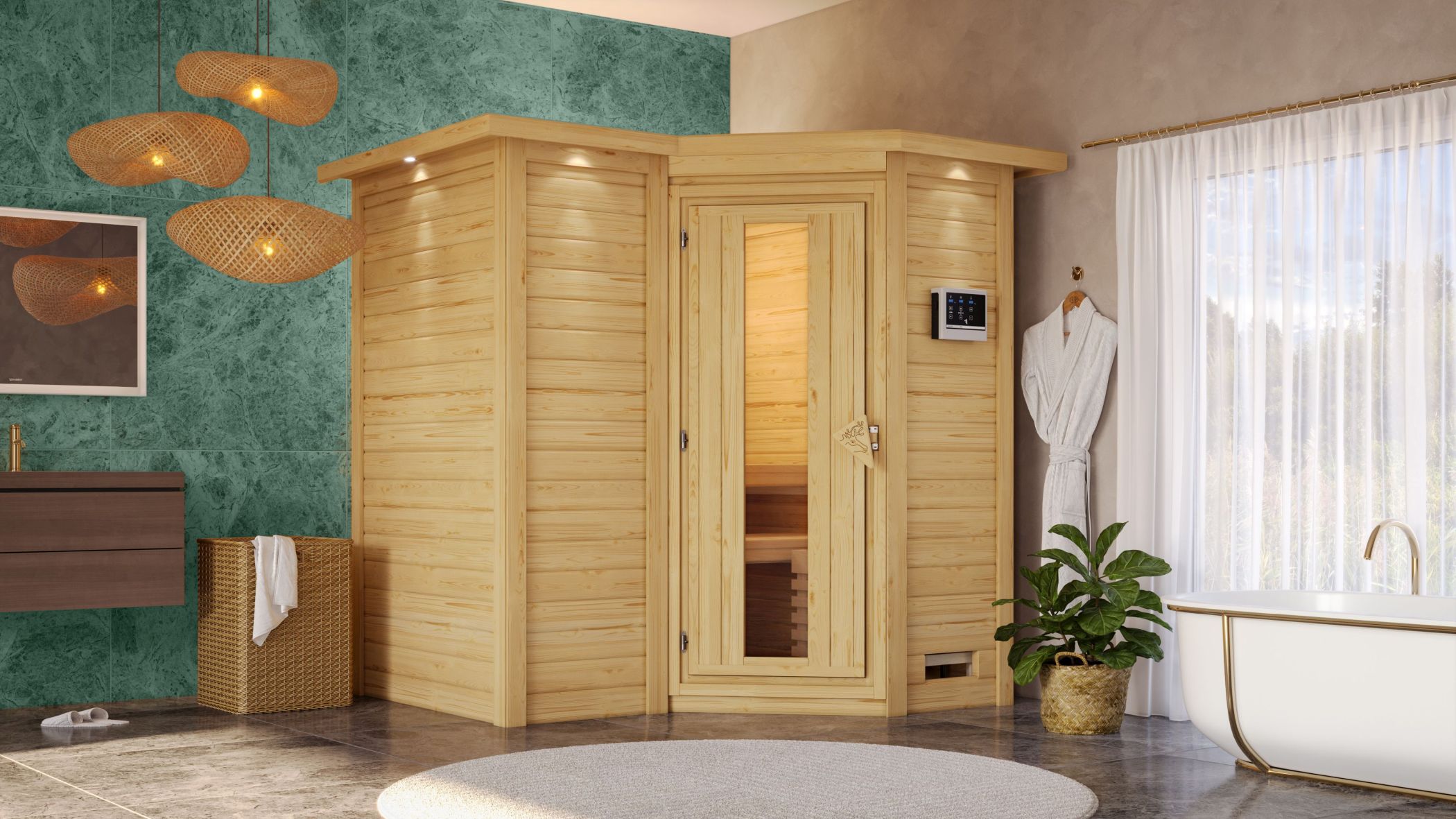 Karibu Sauna Sahib 1 als hochwertige Sauna aus nordischer Fichte im Wohnraum-Ambiente
