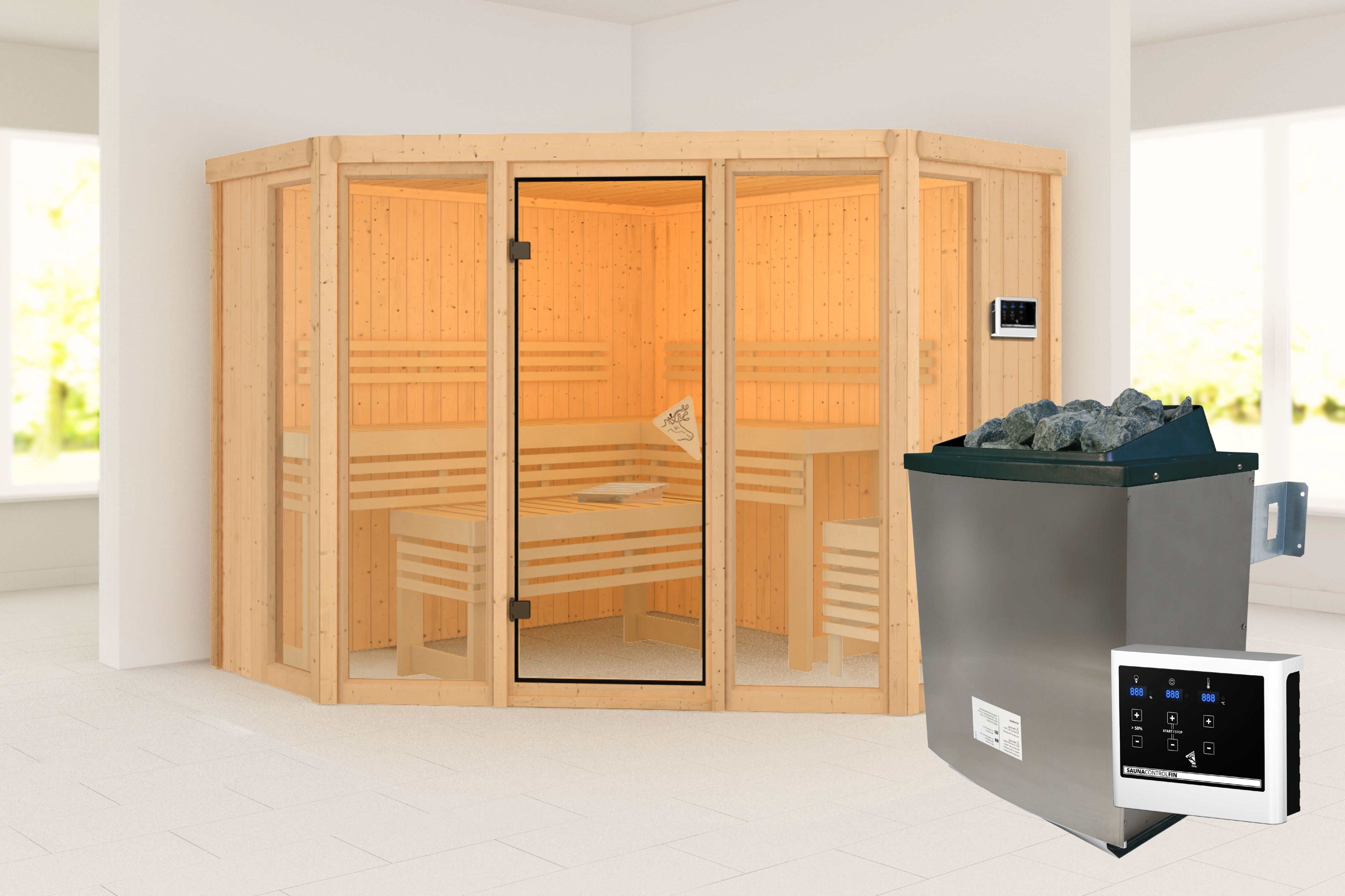Außenansicht der Karibu Sauna Alcinda aus nordischer Fichte mit Ganzglastür und Fronteinstieg
