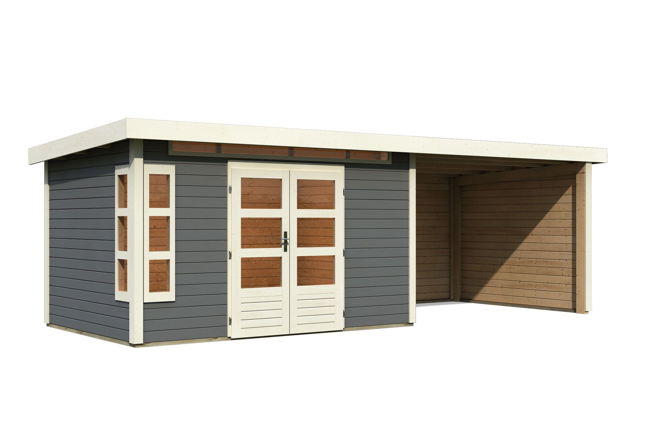 Karibu Gartenhaus Kastorf 7 in Terragrau und Anbaudach, Freisteller