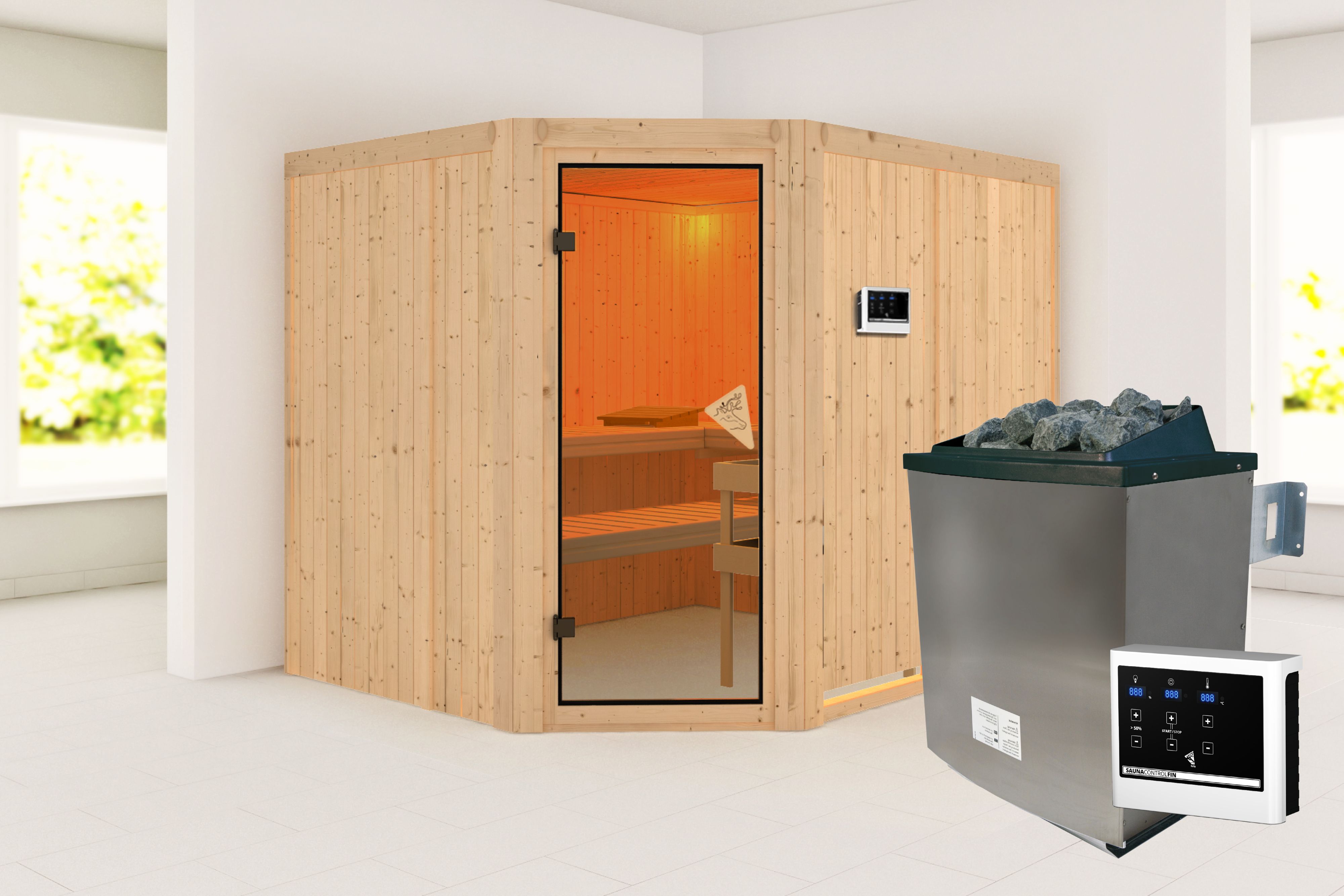 Außenansicht der Karibu Sauna Malin aus nordischer Fichte mit bronzierter Ganzglastür und Fronteinstieg