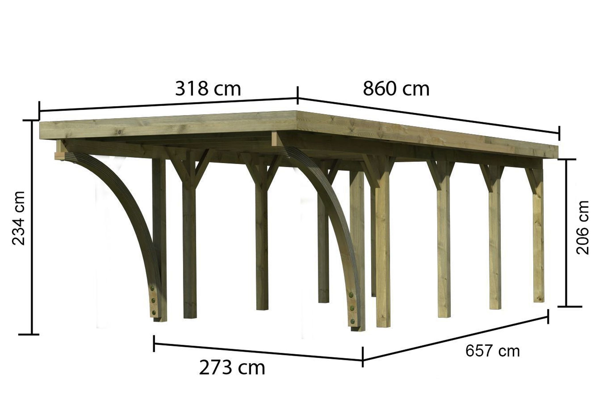 Maßzeichnung des Karibu Einzelcarport Classic 3 mit Dachmaß 318 × 860 cm und Durchfahrtshöhe 206 cm