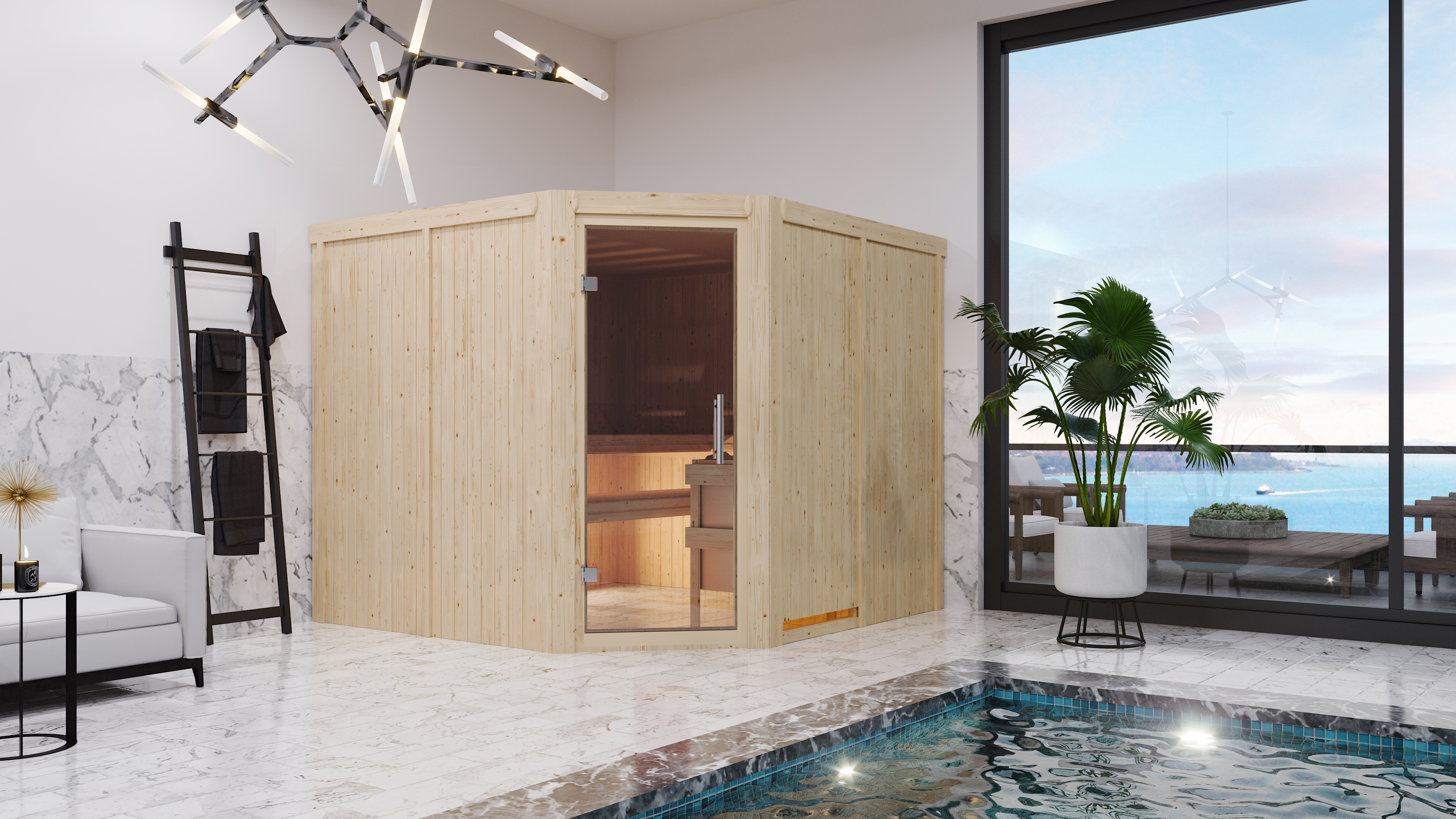 Karibu Sauna Malin als stimmungsvoller Wellnessbereich in einem modern eingerichteten Wohnraum
