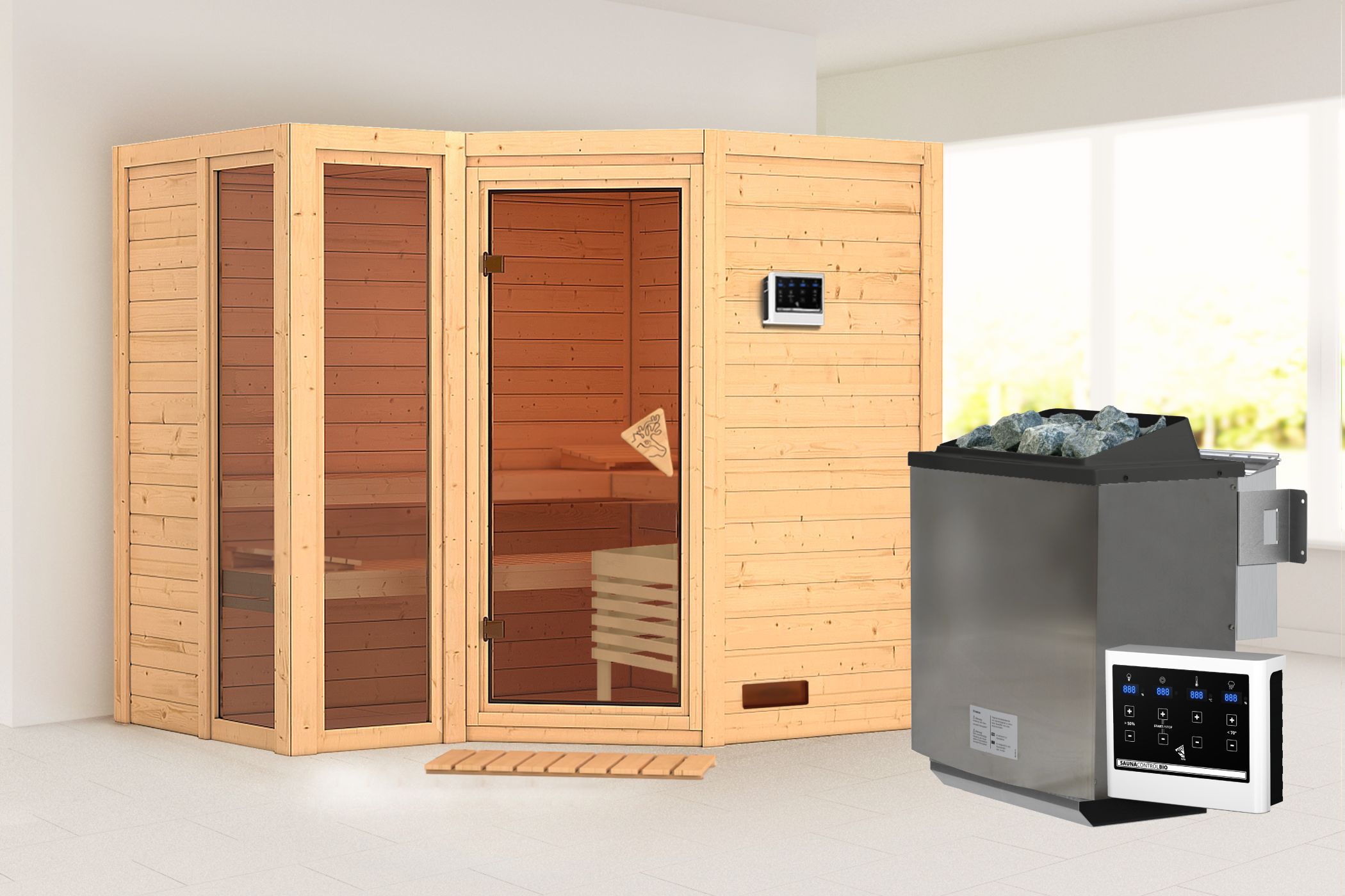 Außenansicht der Karibu Sauna Amara aus nordischer Fichte mit Ganzglastür und Fronteinstieg
