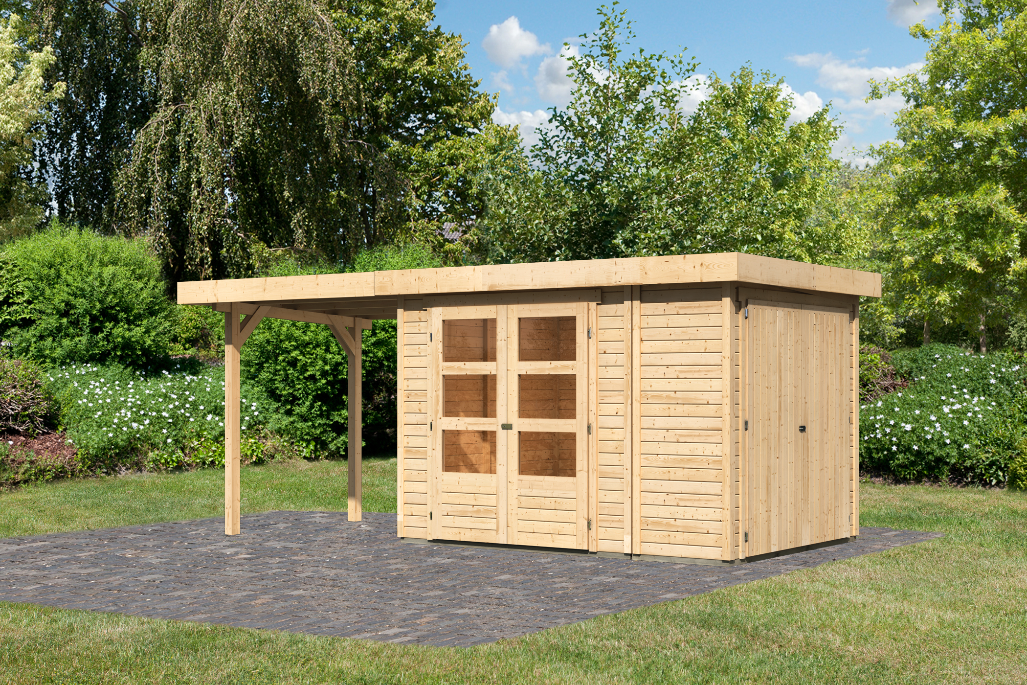 Karibu Gerätehaus Retola 2 in Naturbelassen und Anbaudach, Außenansicht