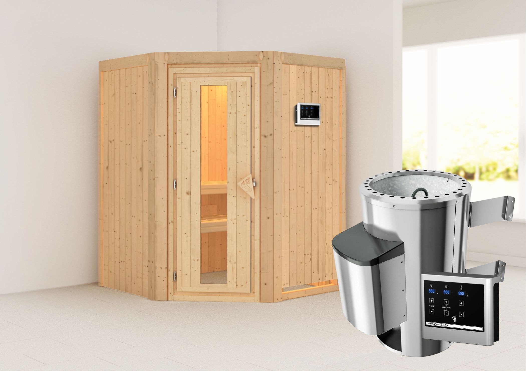 Außenansicht der Karibu Sauna Nanja aus nordischer Fichte mit isolierter Holztür und Fronteinstieg