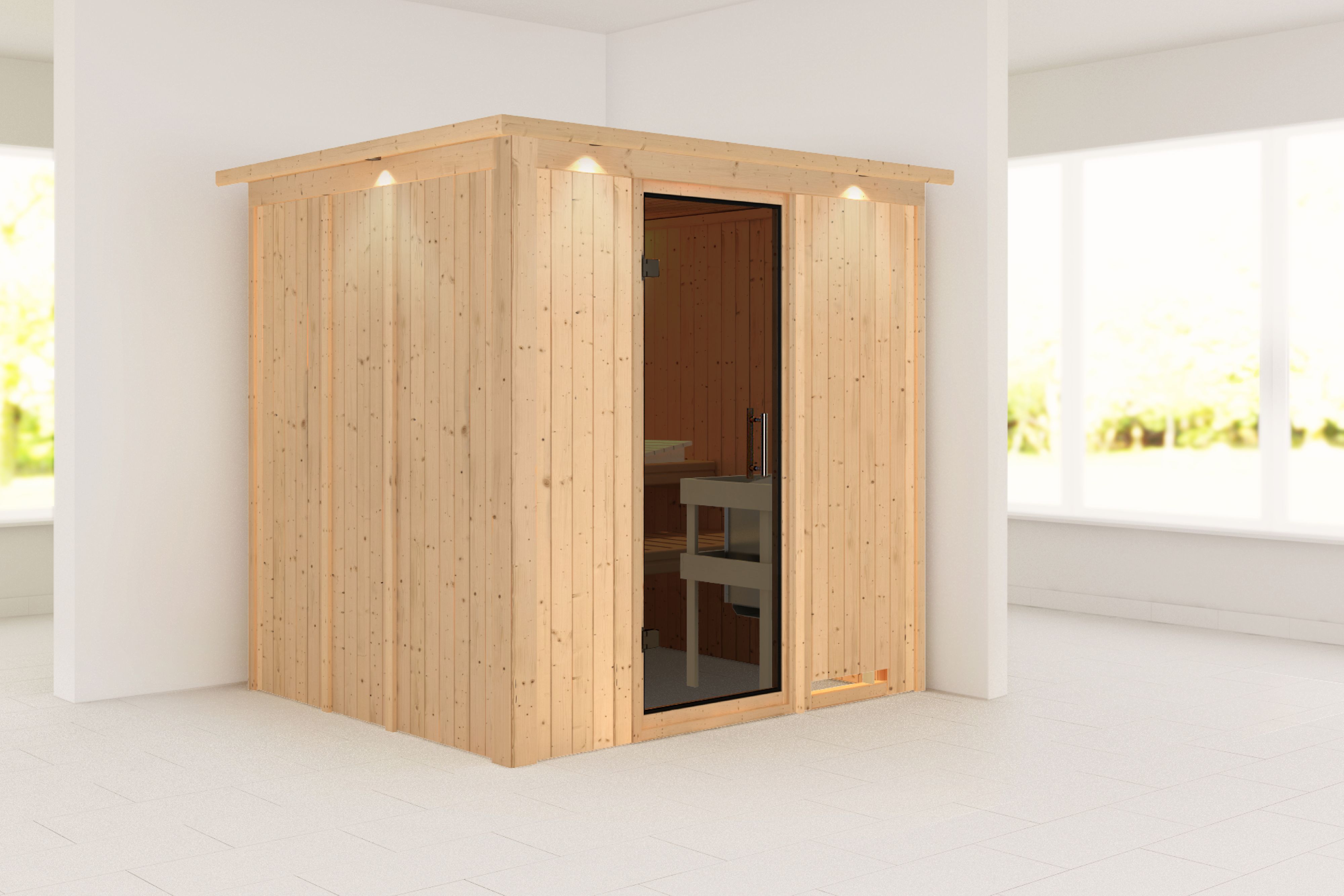 Außenansicht der Karibu Sauna Sodin aus nordischer Fichte mit graphitfarbener Ganzglastür und Fronteinstieg