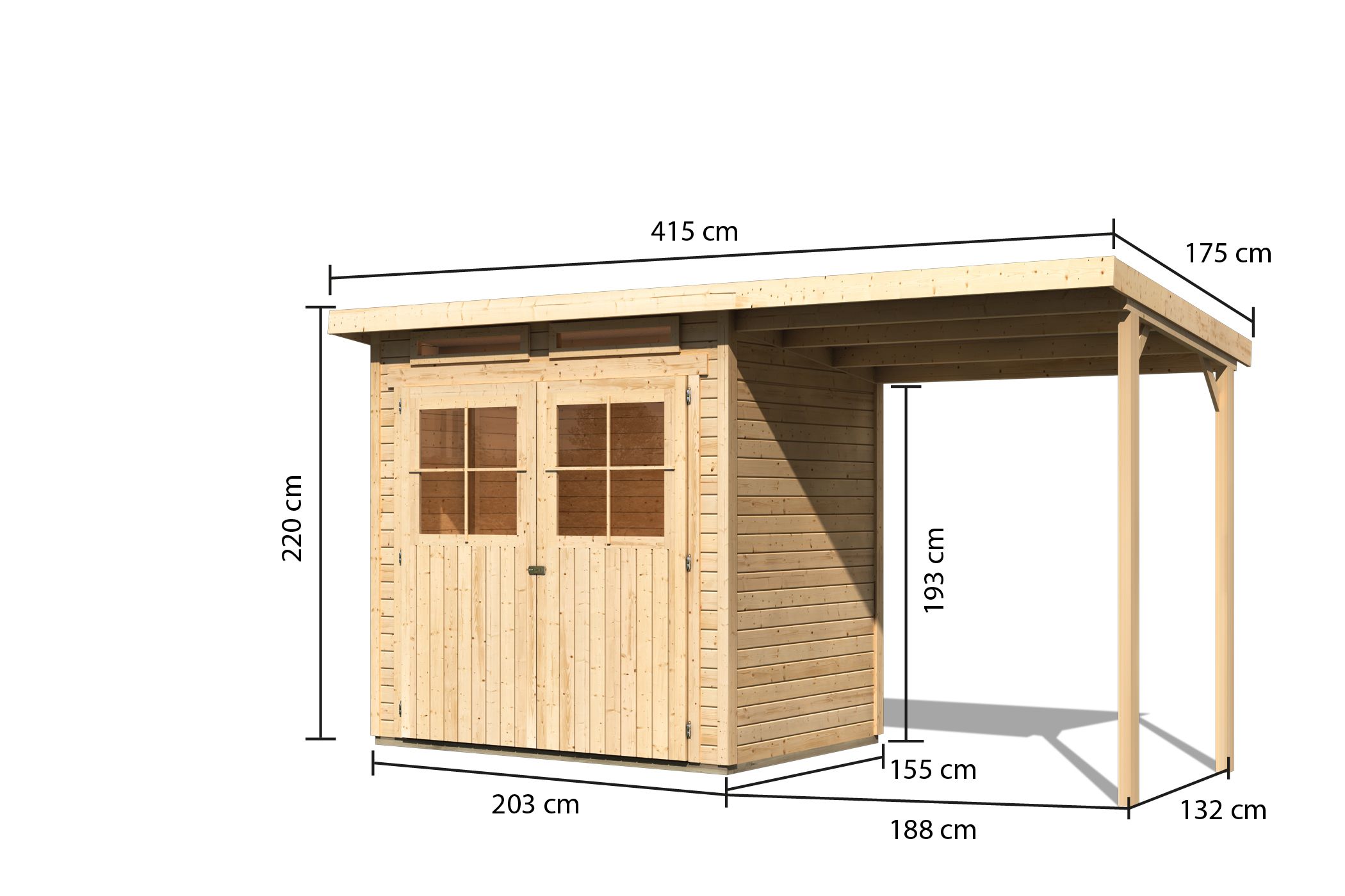 Bemaßte Maßzeichnung des Karibu Gerätehaus Glücksburg 2 mit Anbaudach, 415 × 175 cm