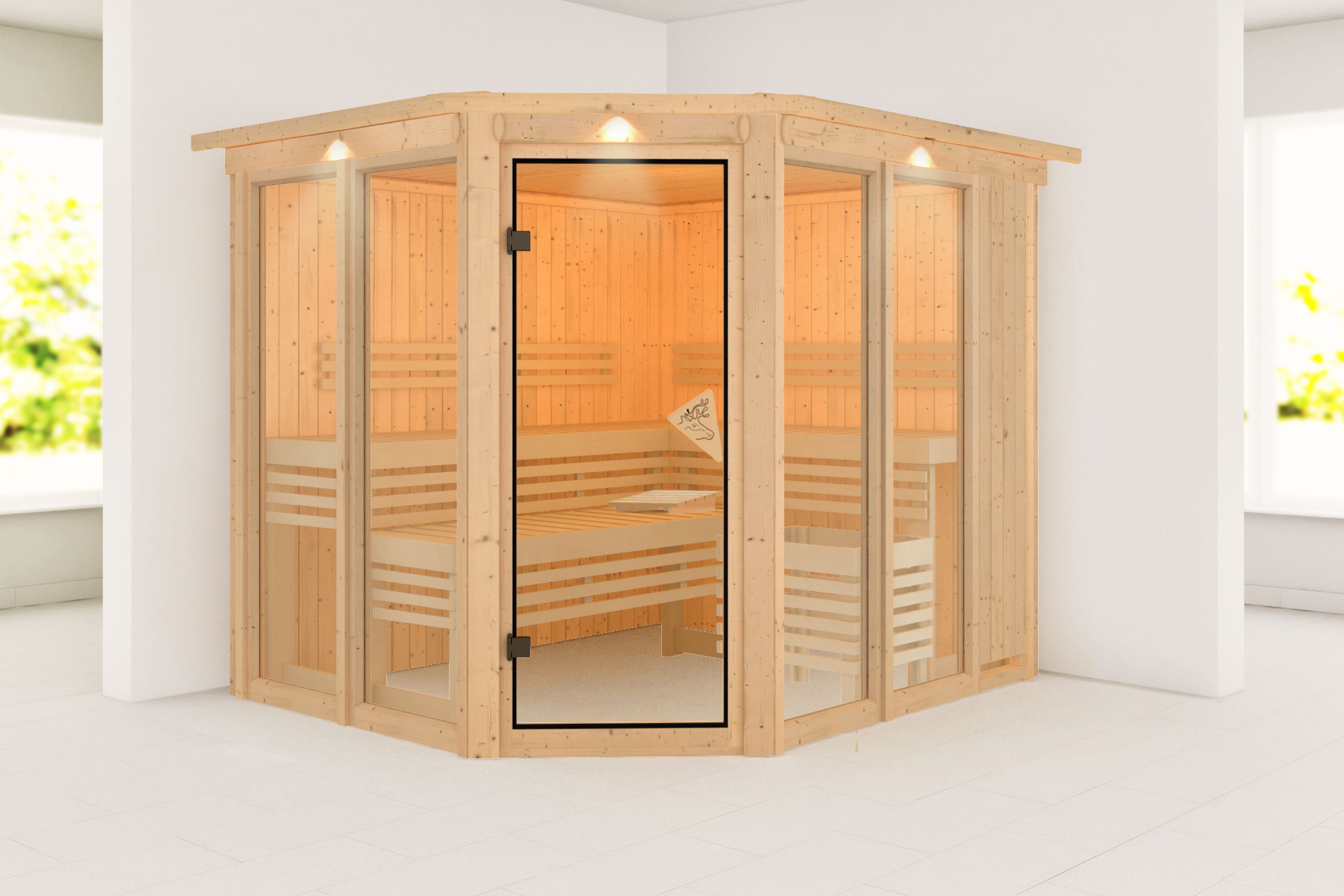 Außenansicht der Karibu Sauna Ainur aus nordischer Fichte mit Ganzglastür und Fronteinstieg