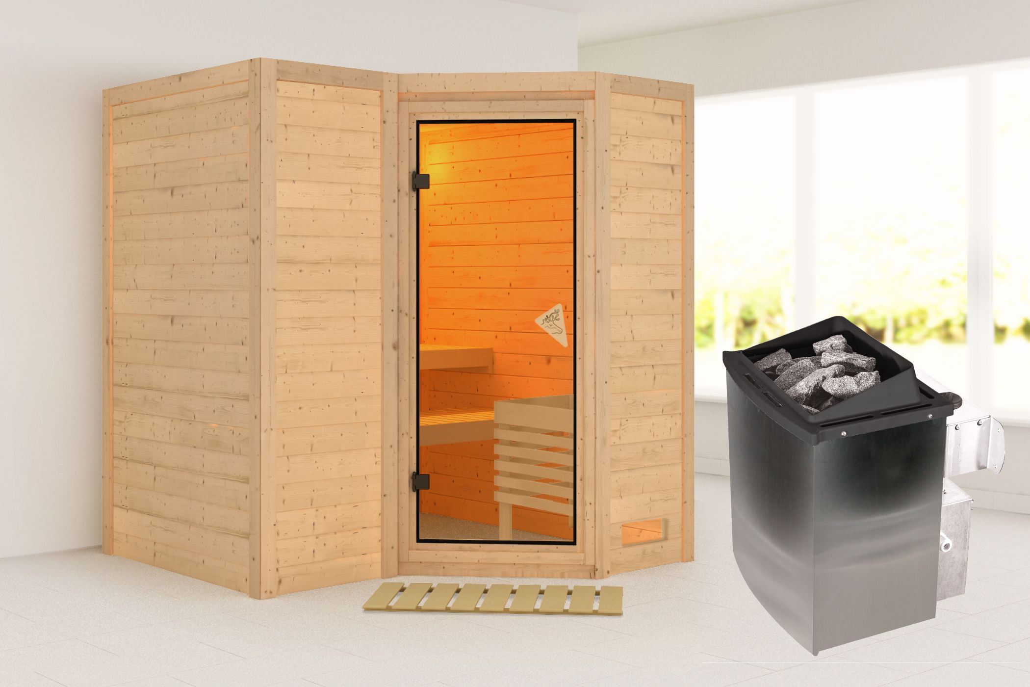 Außenansicht der Karibu Sauna Sahib 1 aus nordischer Fichte mit bronzierter Ganzglastür und Fronteinstieg