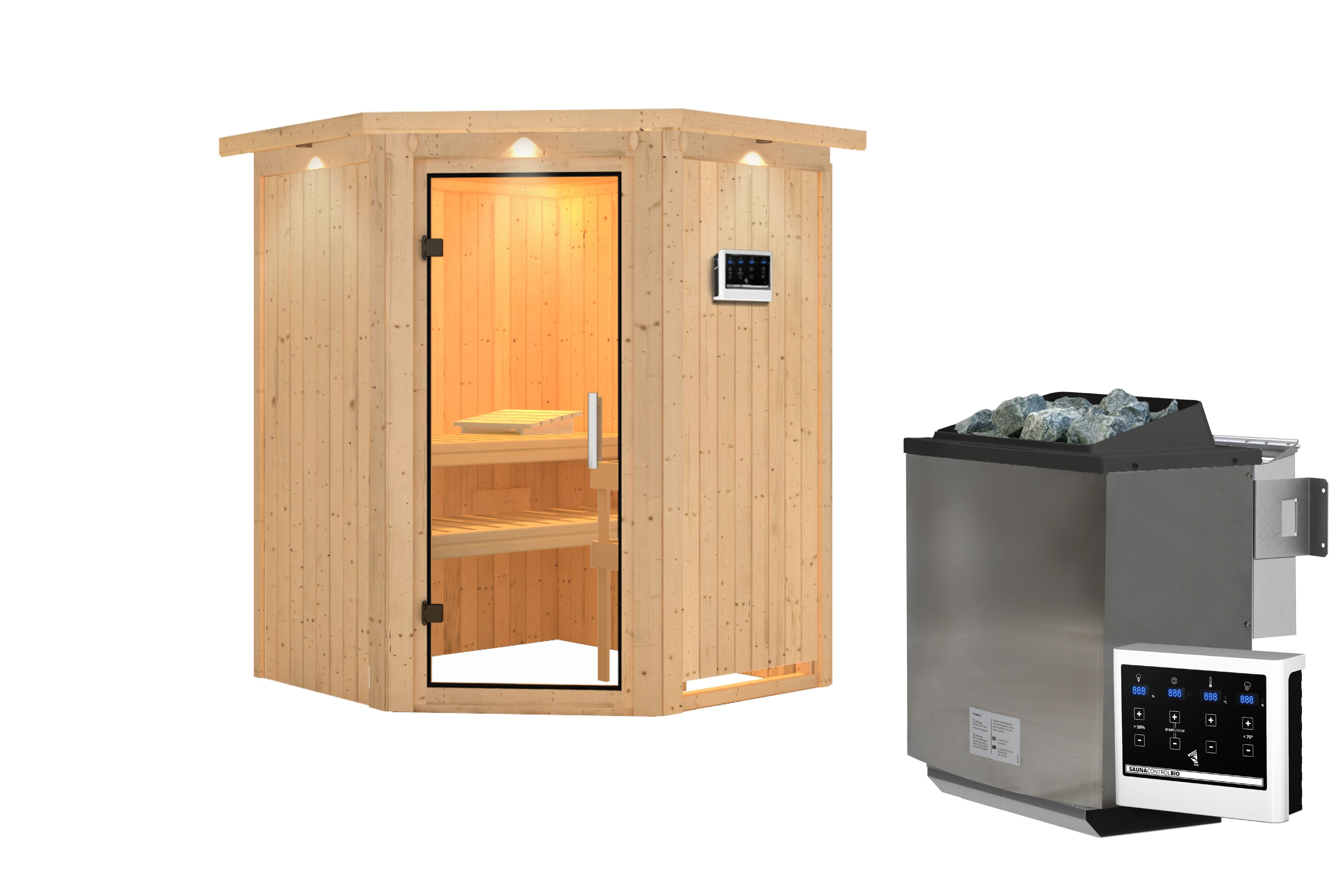 Innenansicht der Karibu Sauna Larin mit Liegen und Kopfstütze aus hellem Espenholz