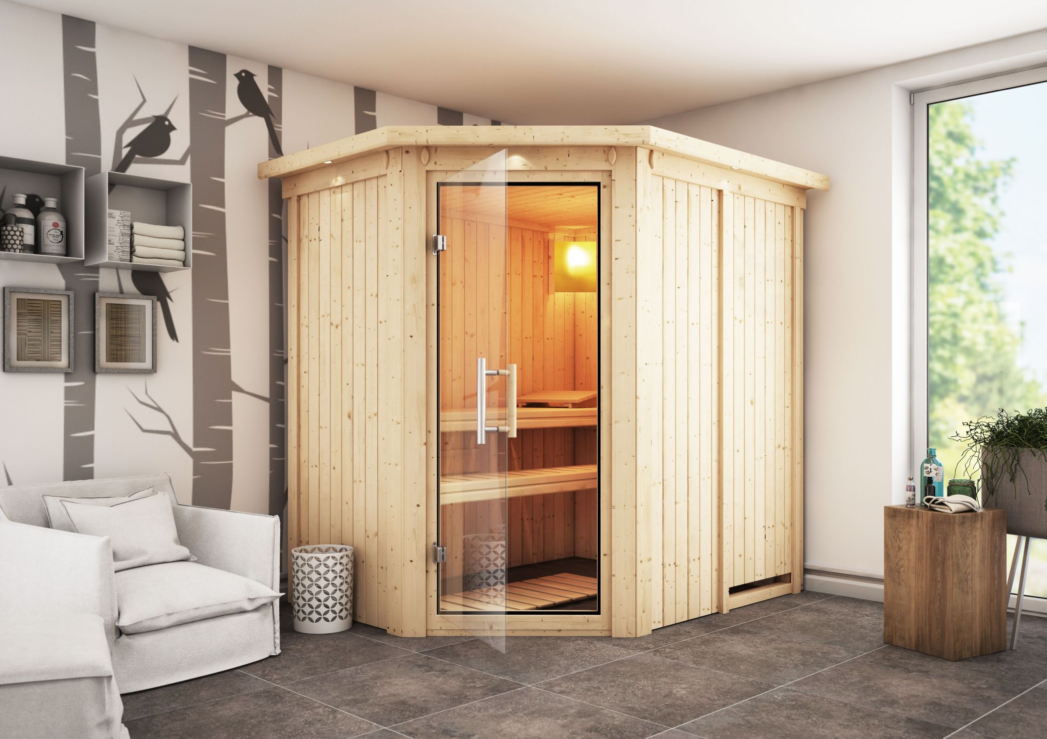 Karibu Sauna Saja als hochwertige Sauna aus nordischer Fichte im Wohnraum-Ambiente