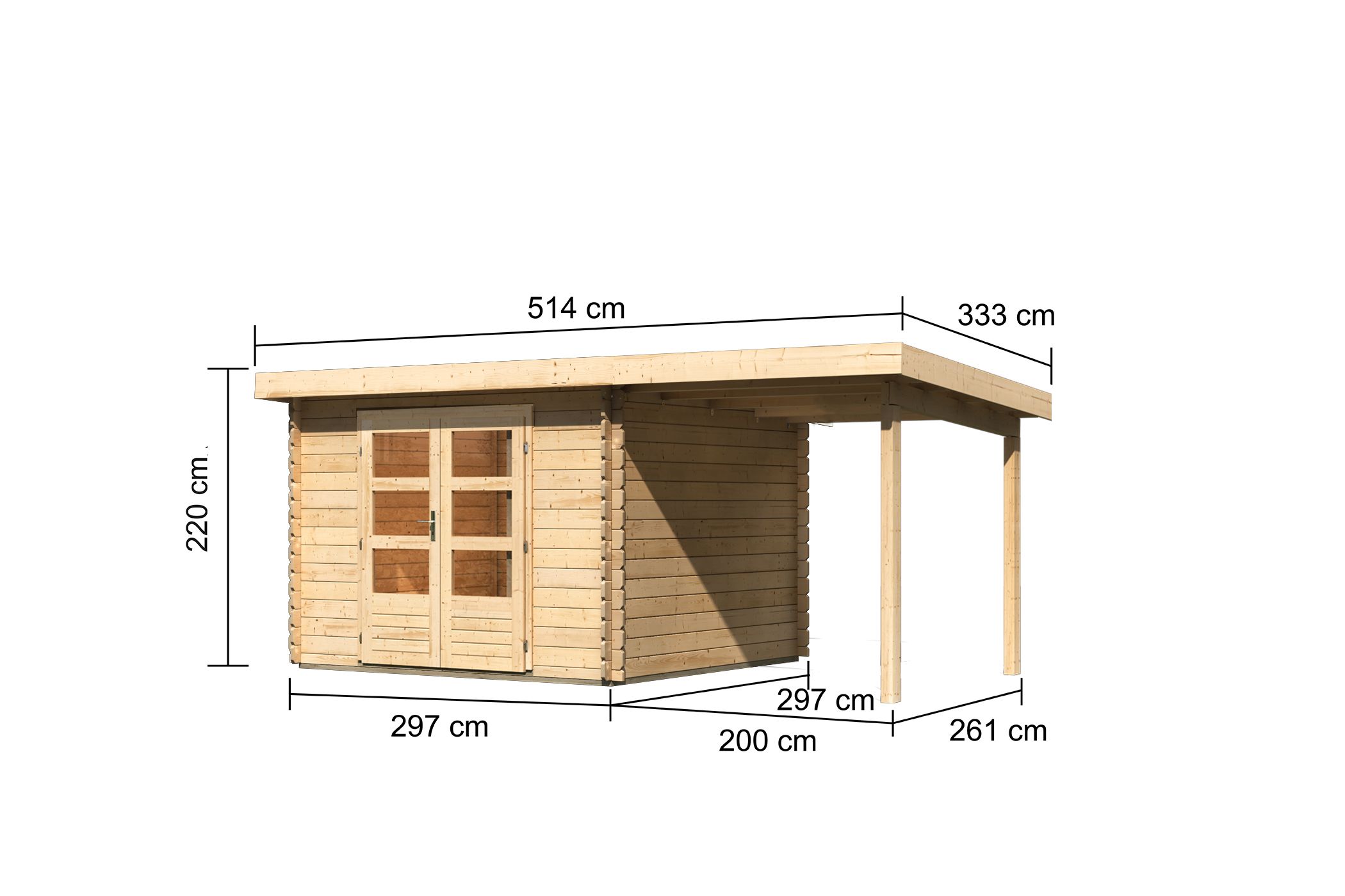 Bemaßte Maßzeichnung des Karibu Gartenhaus Bastrup 5 mit Anbaudach, 514 × 333 cm
