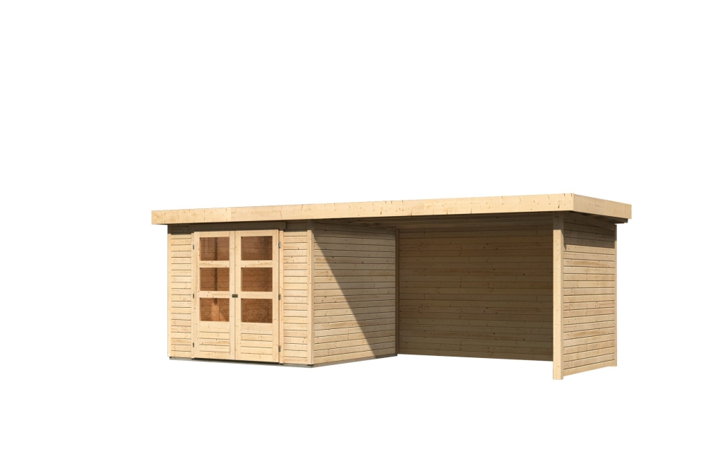 Karibu Gerätehaus Askola 3,5 in Naturbelassen und Anbaudach, Freisteller