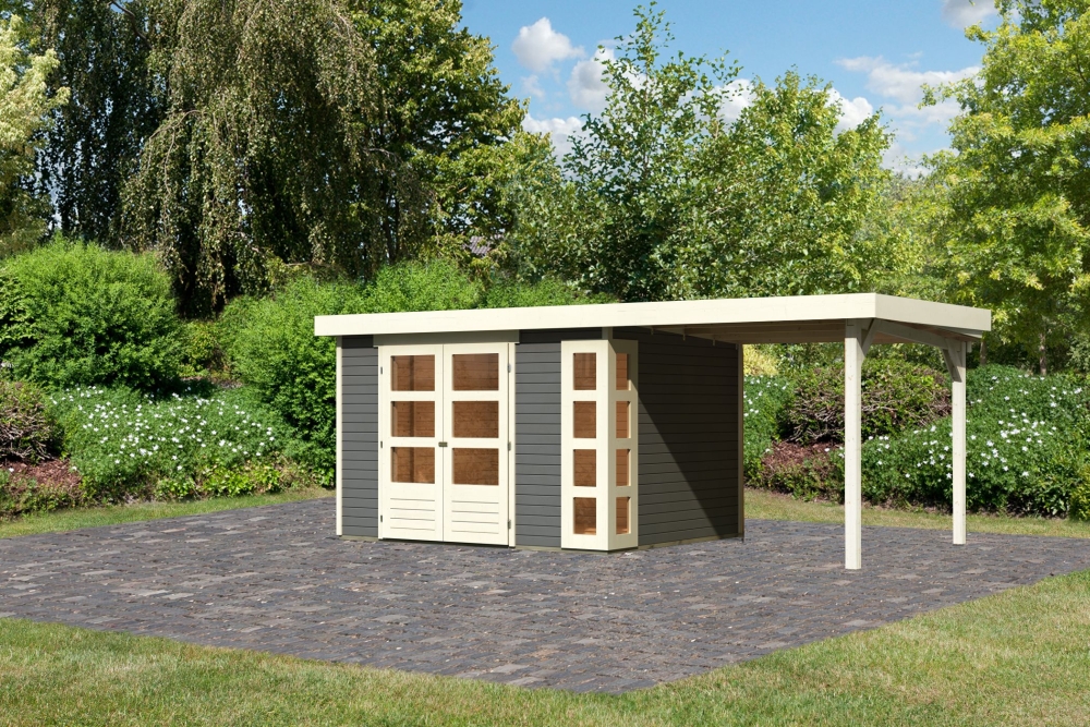 Karibu großes Gerätehaus Kerko 5 in Terragrau und Anbaudach, Außenansicht