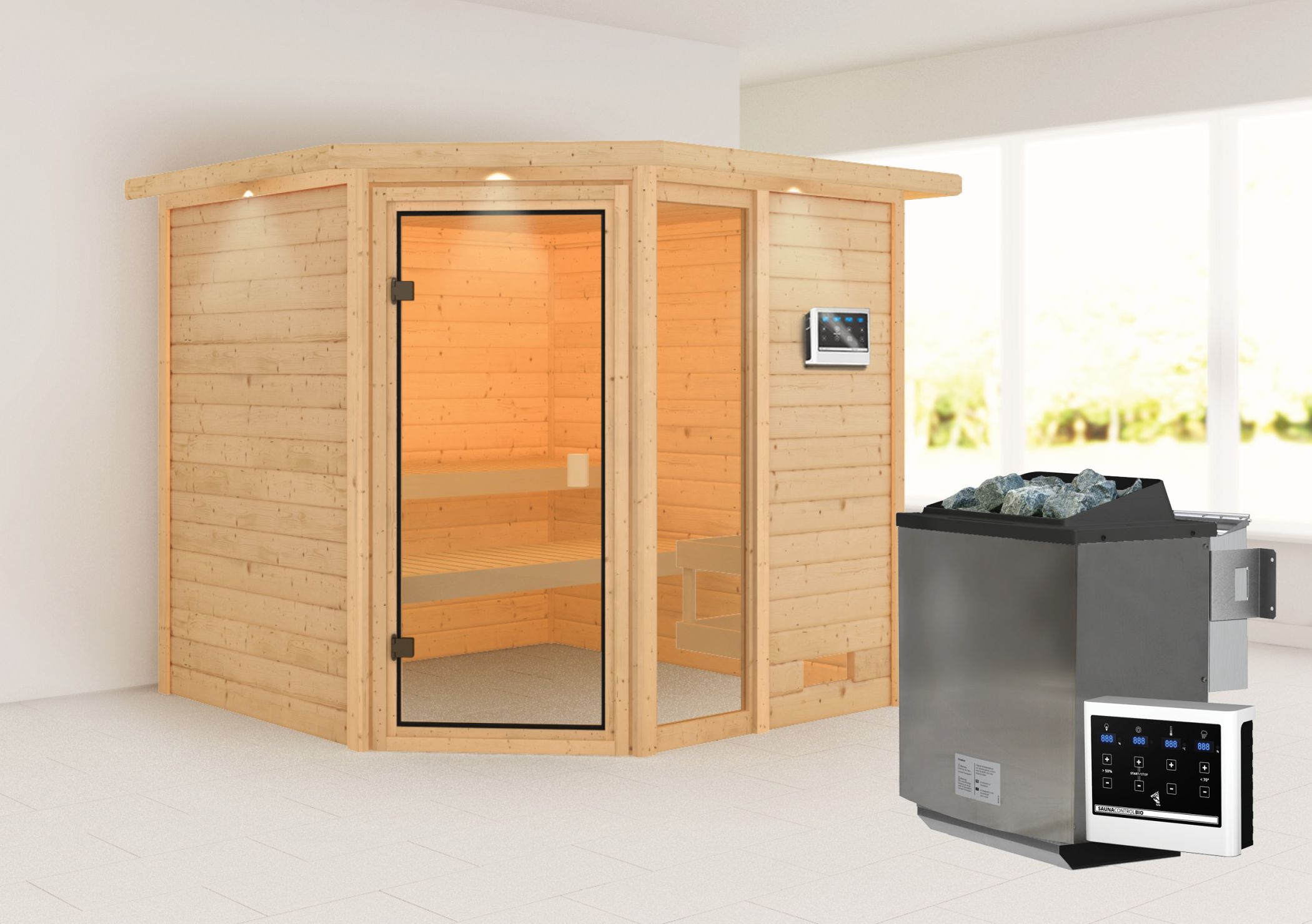 Außenansicht der Karibu Sauna Tabea aus nordischer Fichte mit Ganzglastür und Fronteinstieg
