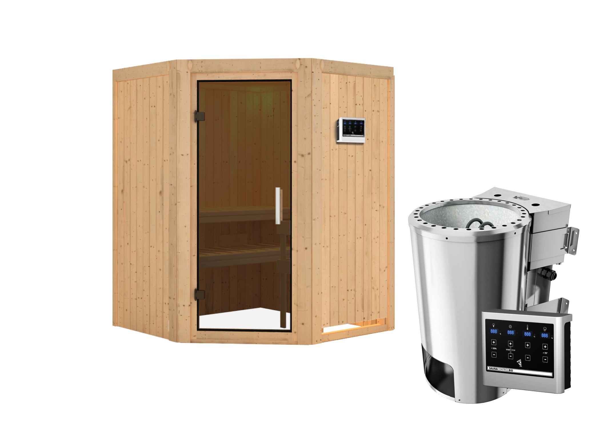 Innenansicht der Karibu Sauna Nanja mit Liegen und Kopfstütze aus hellem Espenholz