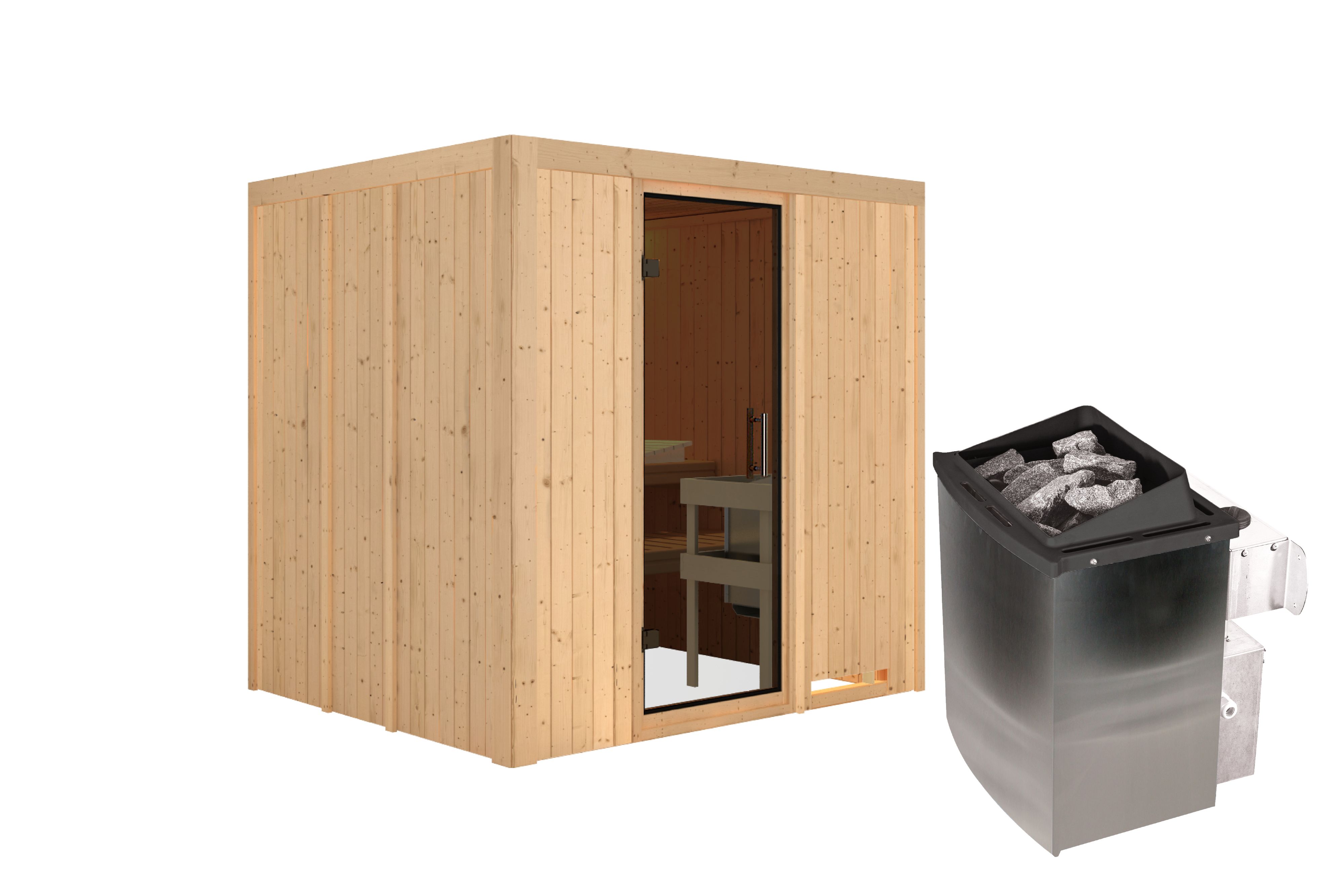 Innenansicht der Karibu Sauna Sodin mit Liegen und Kopfstütze aus hellem Espenholz