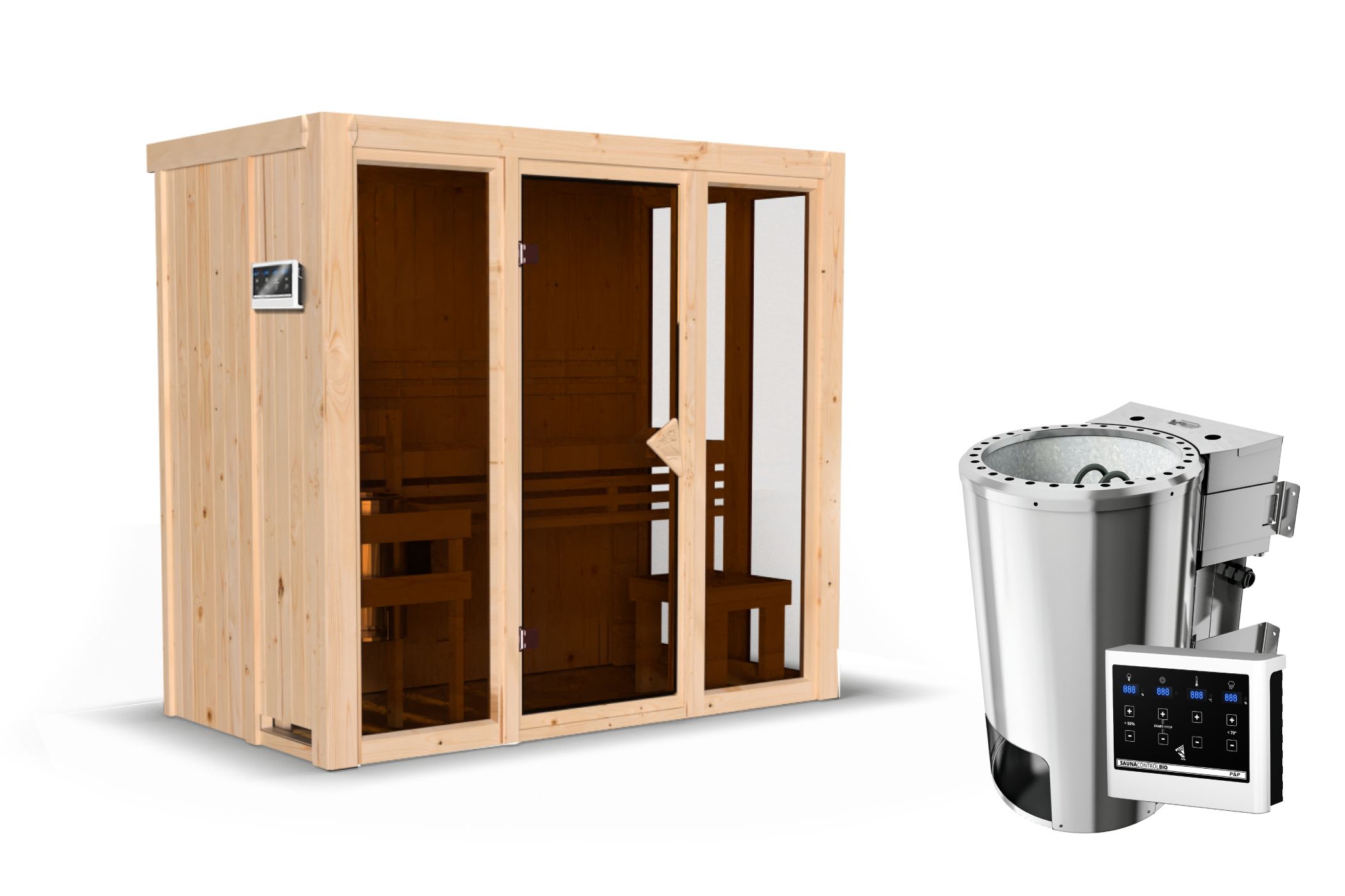 Innenansicht der Karibu Sauna Irava 2 mit Liegen und Kopfstütze aus hellem Espenholz