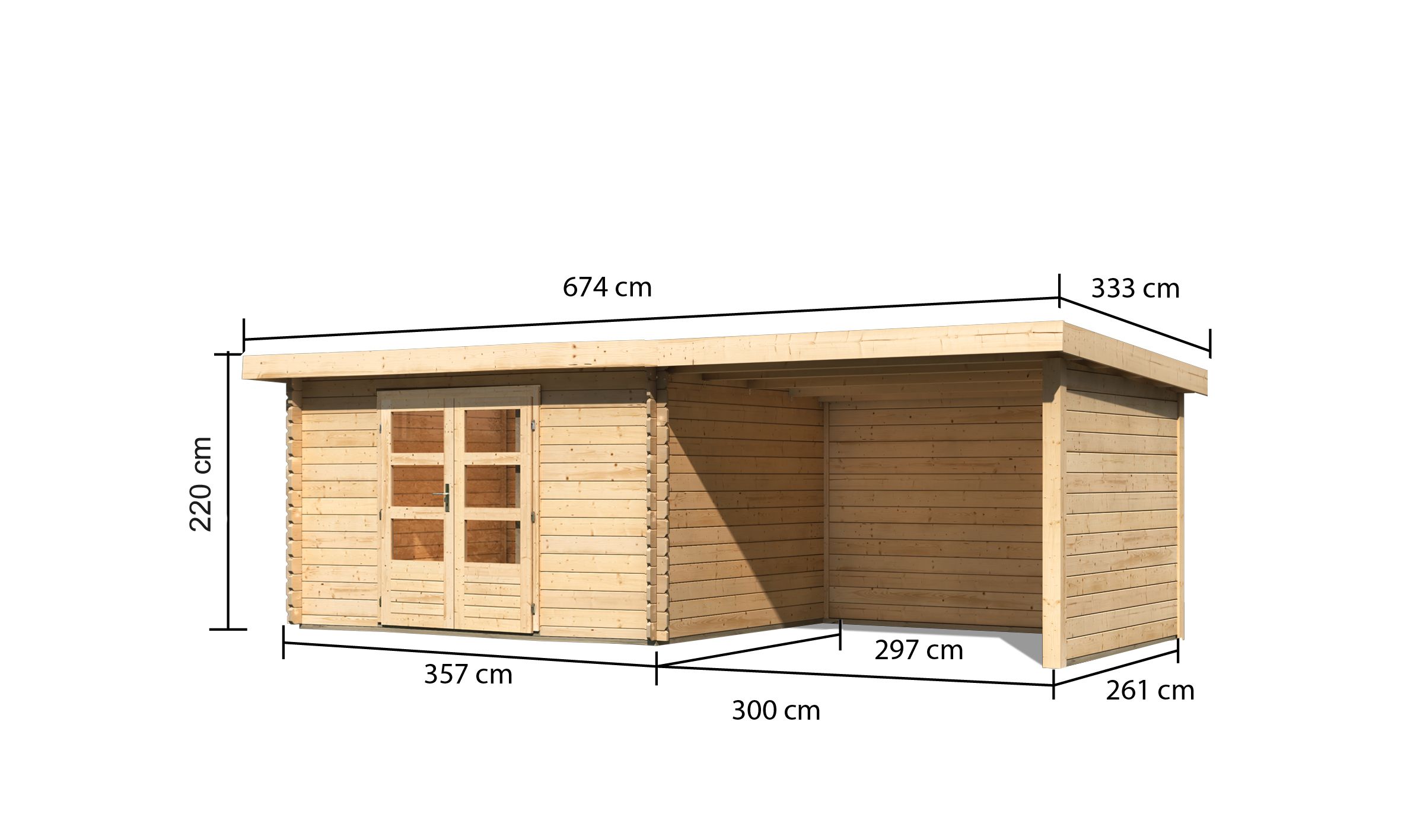 Bemaßte Maßzeichnung des Karibu Gartenhaus Bastrup 7 mit Anbaudach, 674 × 333 cm