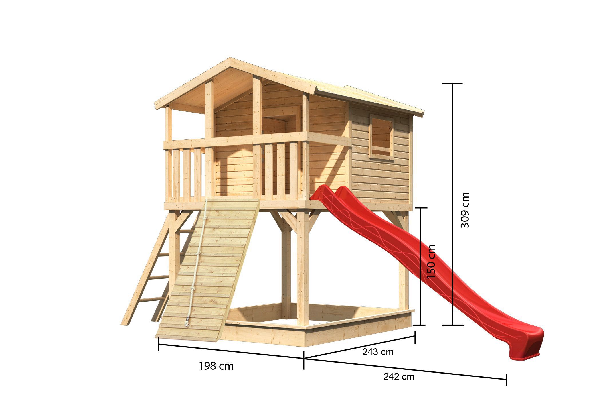 Maßzeichnung des AKUBI Stelzenhaus Benjamin mit Bemaßung von Grundfläche und Höhe