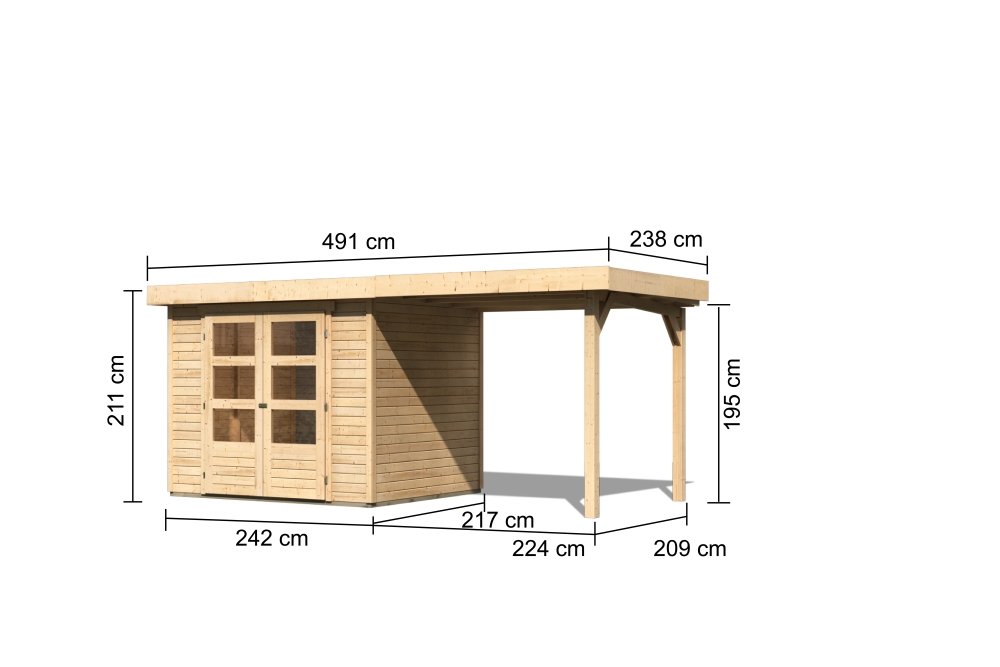 Bemaßte Maßzeichnung des Karibu Gerätehaus Askola 3 mit Anbaudach, 491 × 238 cm