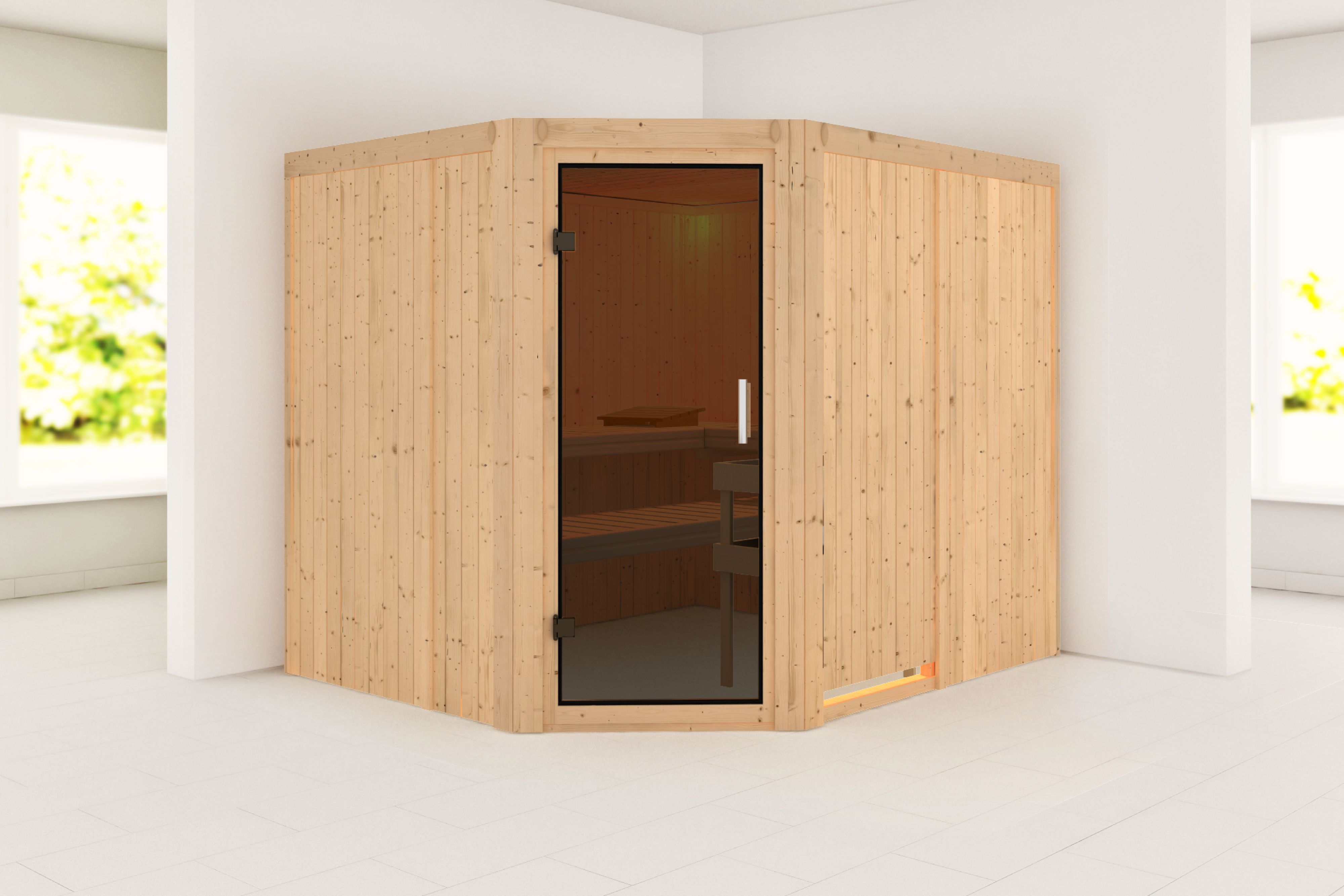 Außenansicht der Karibu Sauna Malin aus nordischer Fichte mit graphitfarbener Ganzglastür und Fronteinstieg
