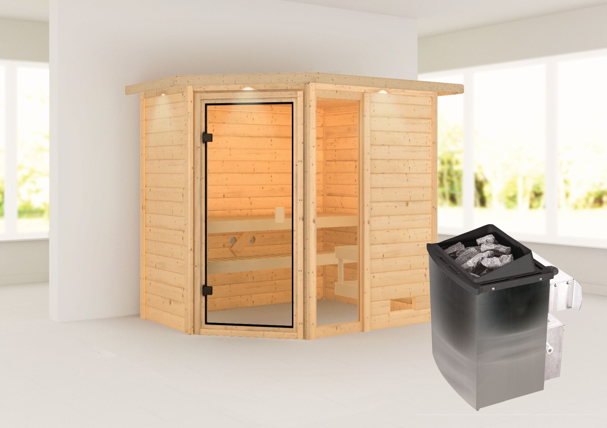 Außenansicht der Karibu Sauna Jada aus nordischer Fichte mit Ganzglastür und Fronteinstieg
