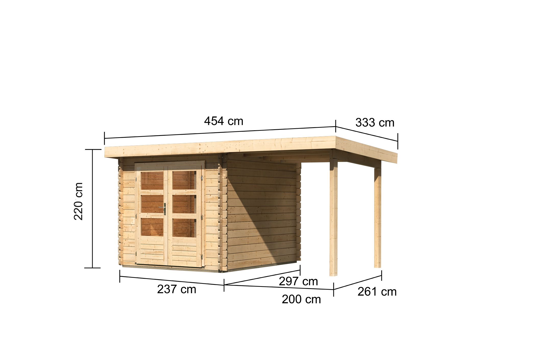 Bemaßte Maßzeichnung des Karibu Gartenhaus Bastrup 4 mit Anbaudach, 454 × 333 cm
