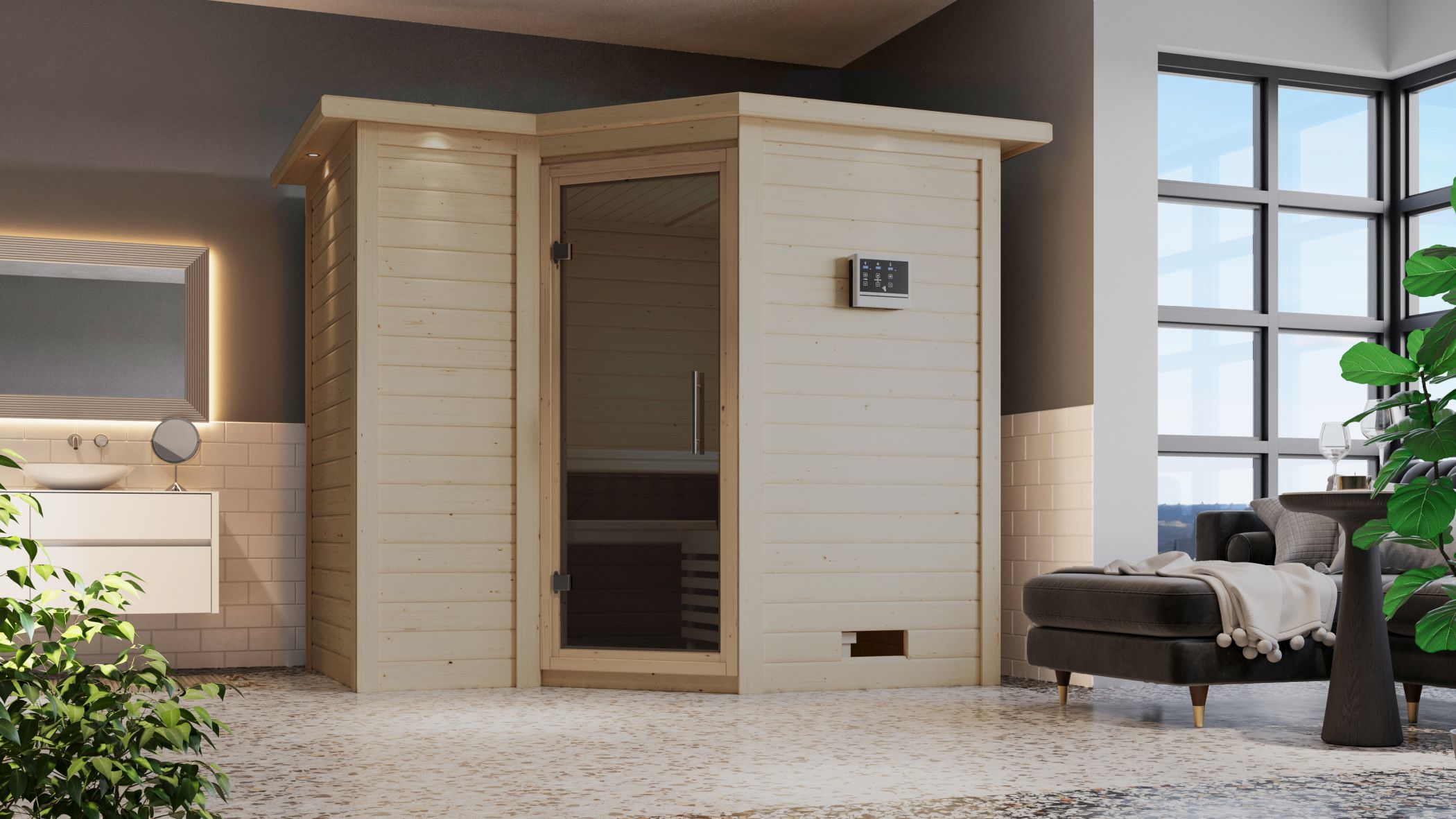 Karibu Sauna Sahib 2 als hochwertige Sauna aus nordischer Fichte im Wohnraum-Ambiente