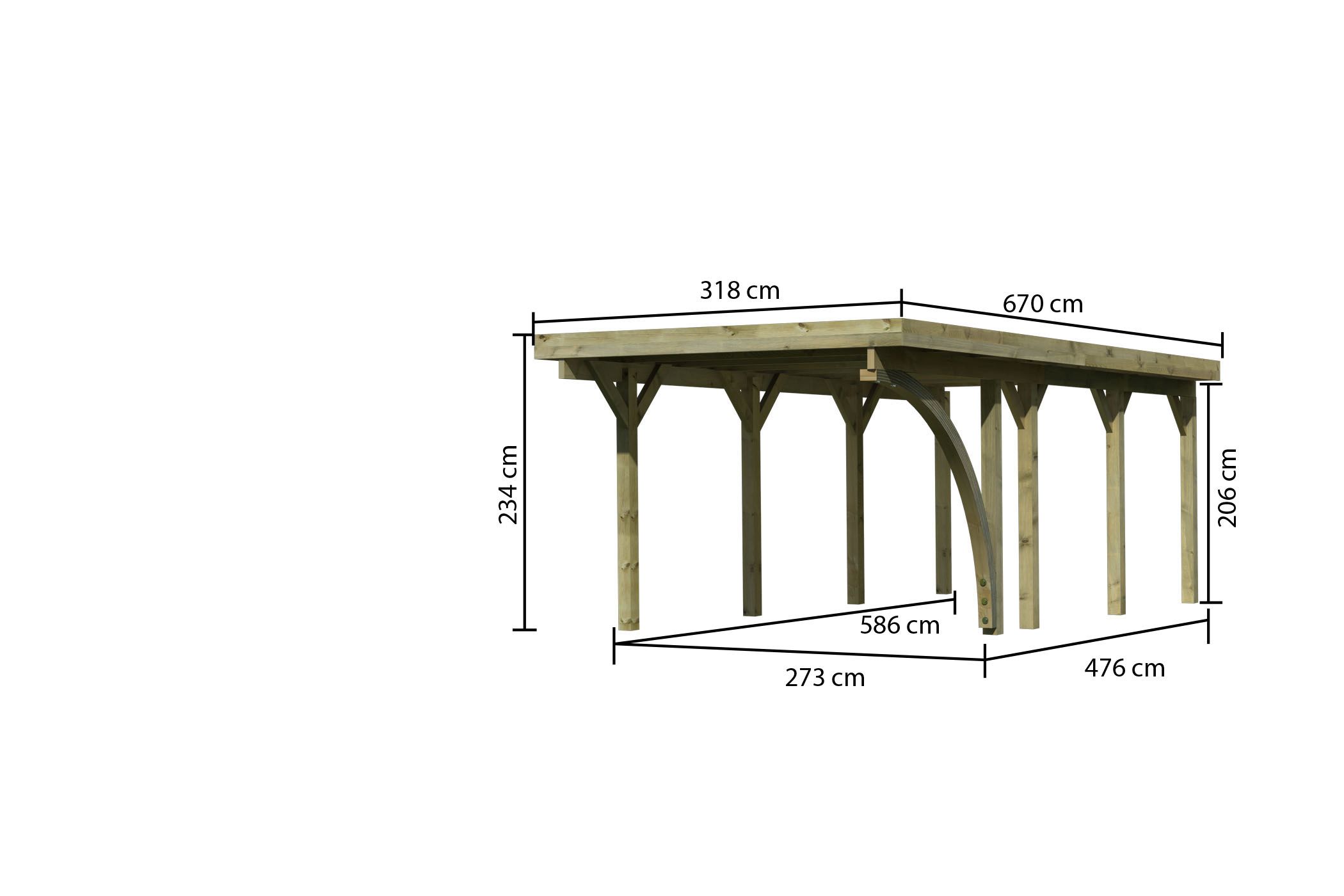 Maßzeichnung des Karibu Einzelcarport Classic 2 mit Dachmaß 318 × 670 cm und Durchfahrtshöhe 206 cm