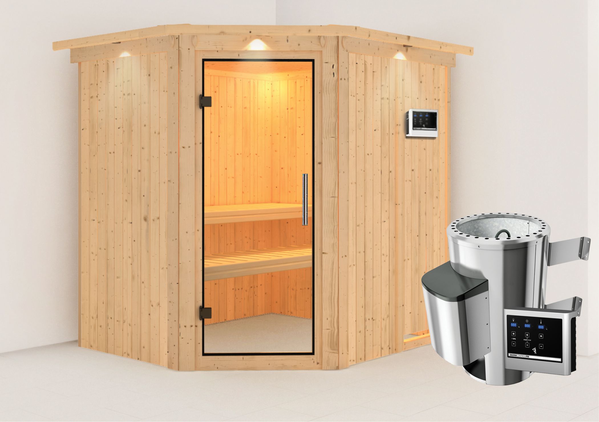 Außenansicht der Karibu Sauna Lilja aus nordischer Fichte mit Klarglas-Ganzglastür und Fronteinstieg