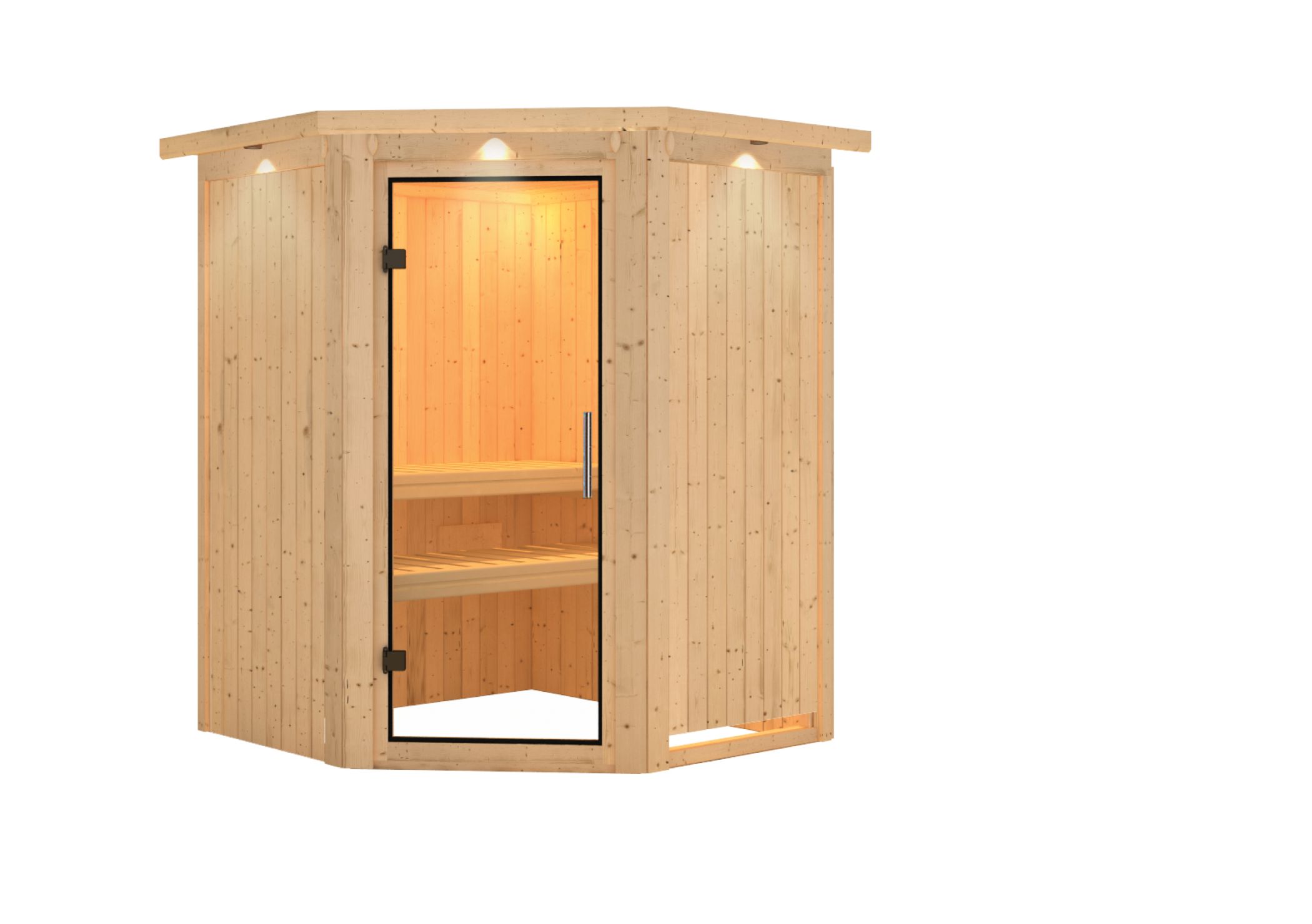 Innenansicht der Karibu Sauna Nanja mit Liegen und Kopfstütze aus hellem Espenholz